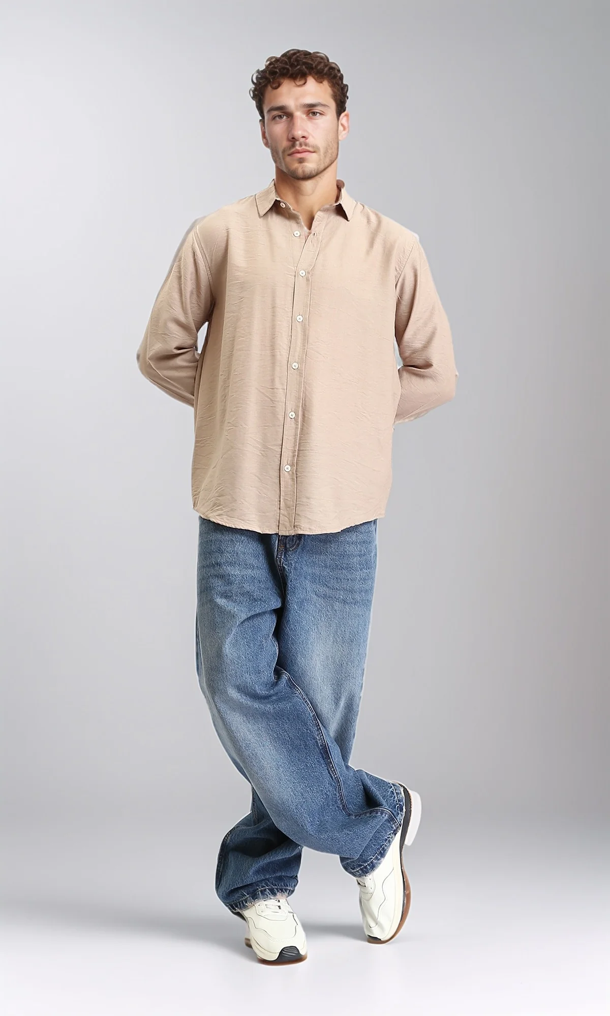 R207295 - Textured Long Sleeves Summer Shirt - Dark Beige - Image 4