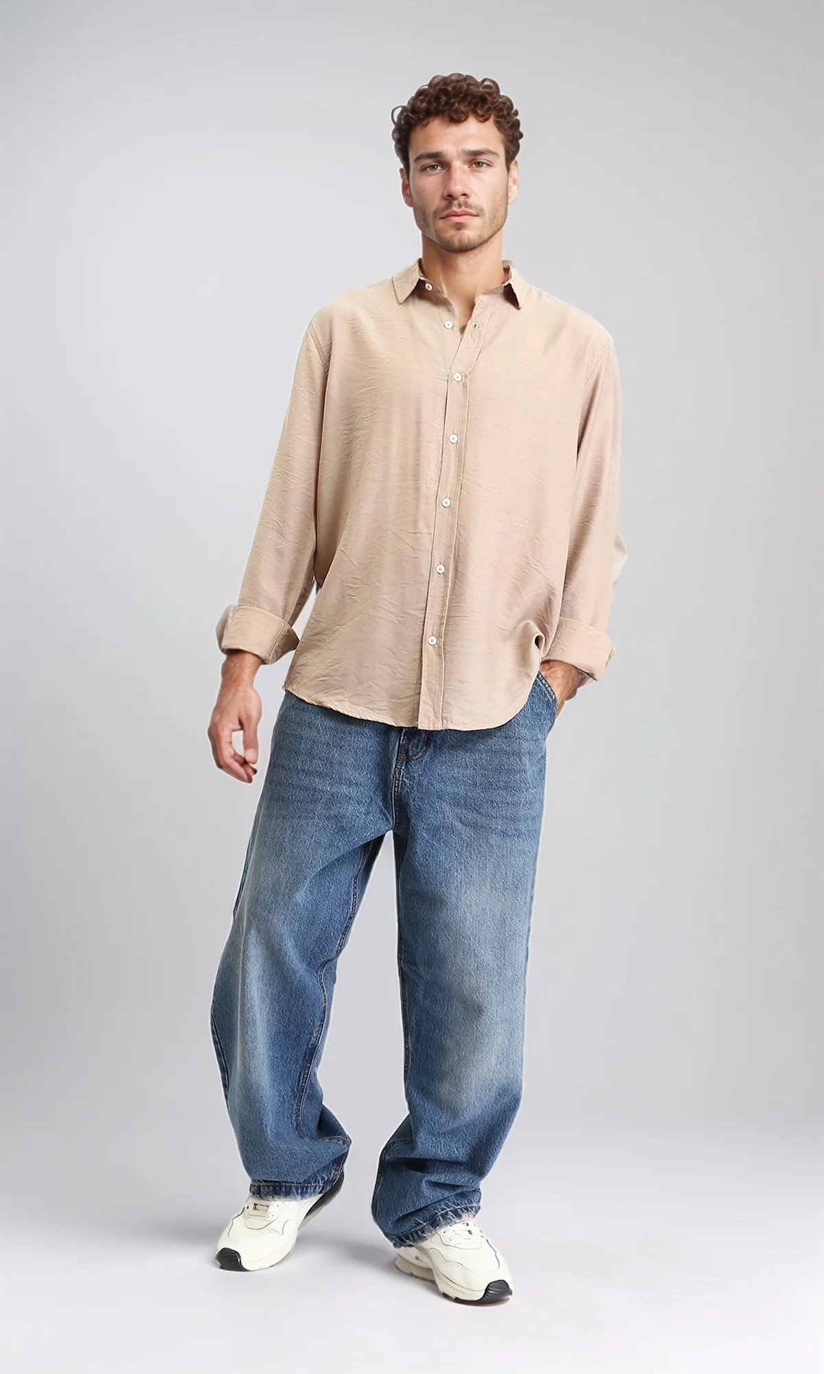 R207295 - Textured Long Sleeves Summer Shirt - Dark Beige - Image 5