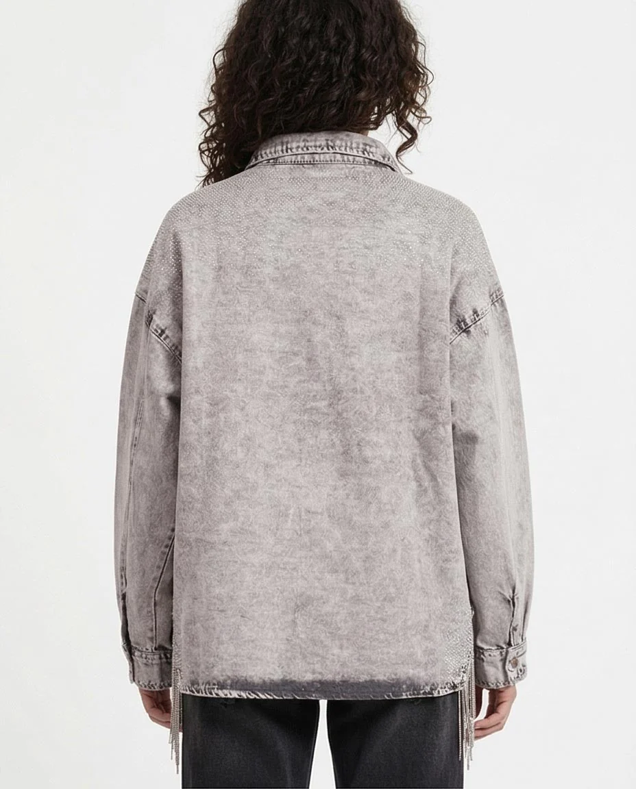 Ravin Women’s Acid-Wash Embellished Denim Shirt with Rhinestone Fringe - Grey - R207326 - Image 2