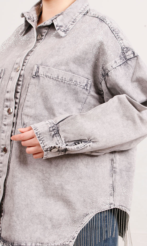 Ravin Women’s Acid-Wash Embellished Denim Shirt with Rhinestone Fringe - Grey - R207326 - Image 3
