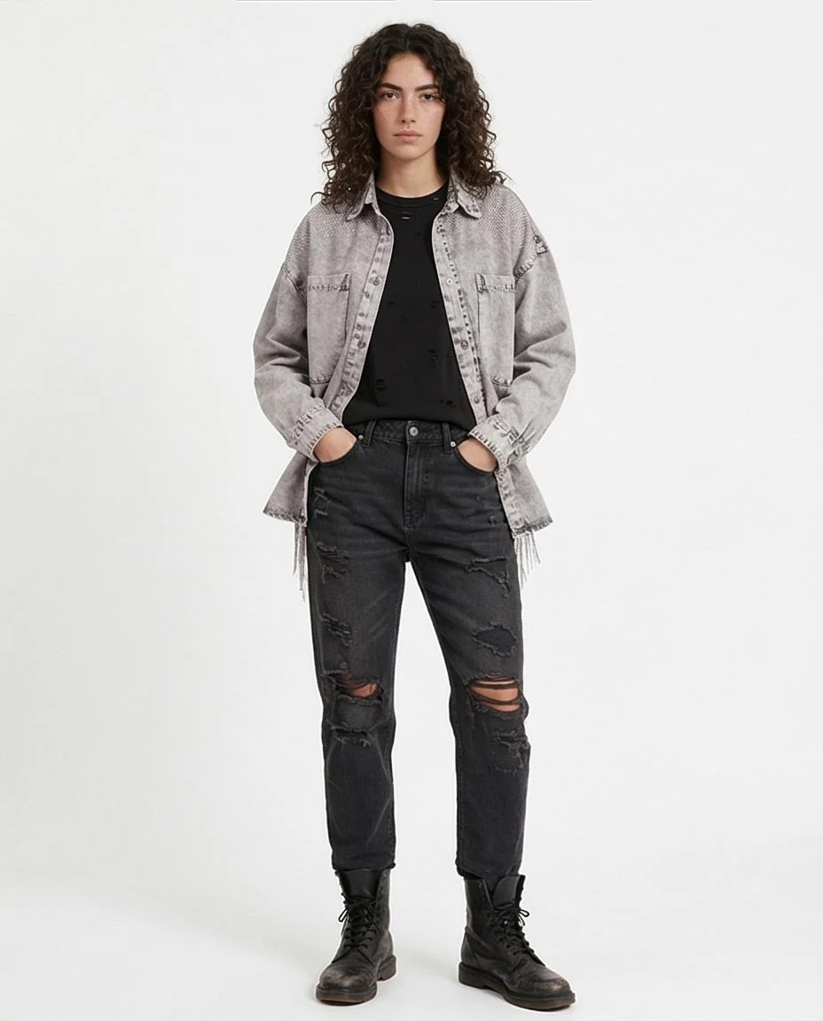 Ravin Women’s Acid-Wash Embellished Denim Shirt with Rhinestone Fringe - Grey - R207326 - Image 4