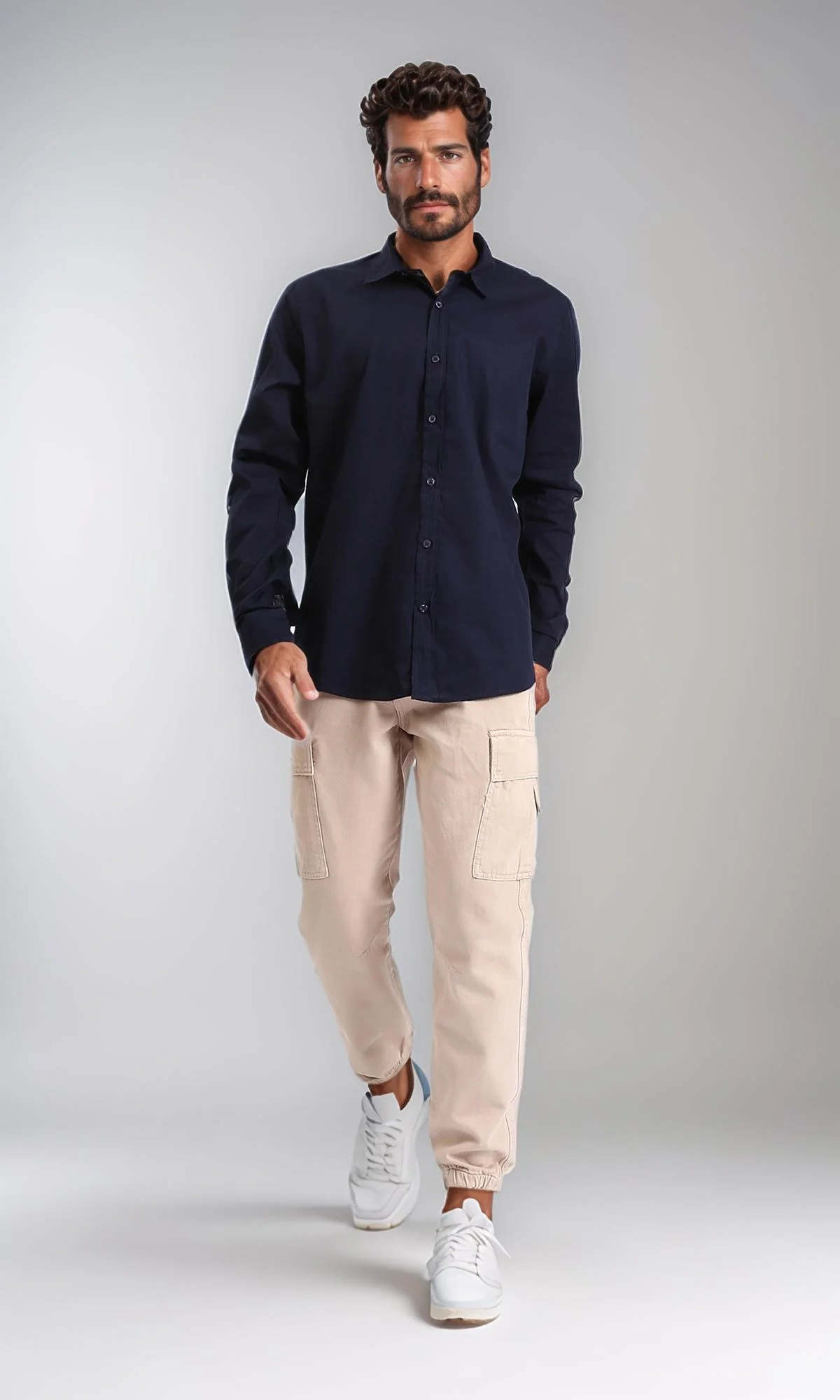 R207472 - Turn Down Collar Long Sleeve Shirt - Navy Blue - Image 4
