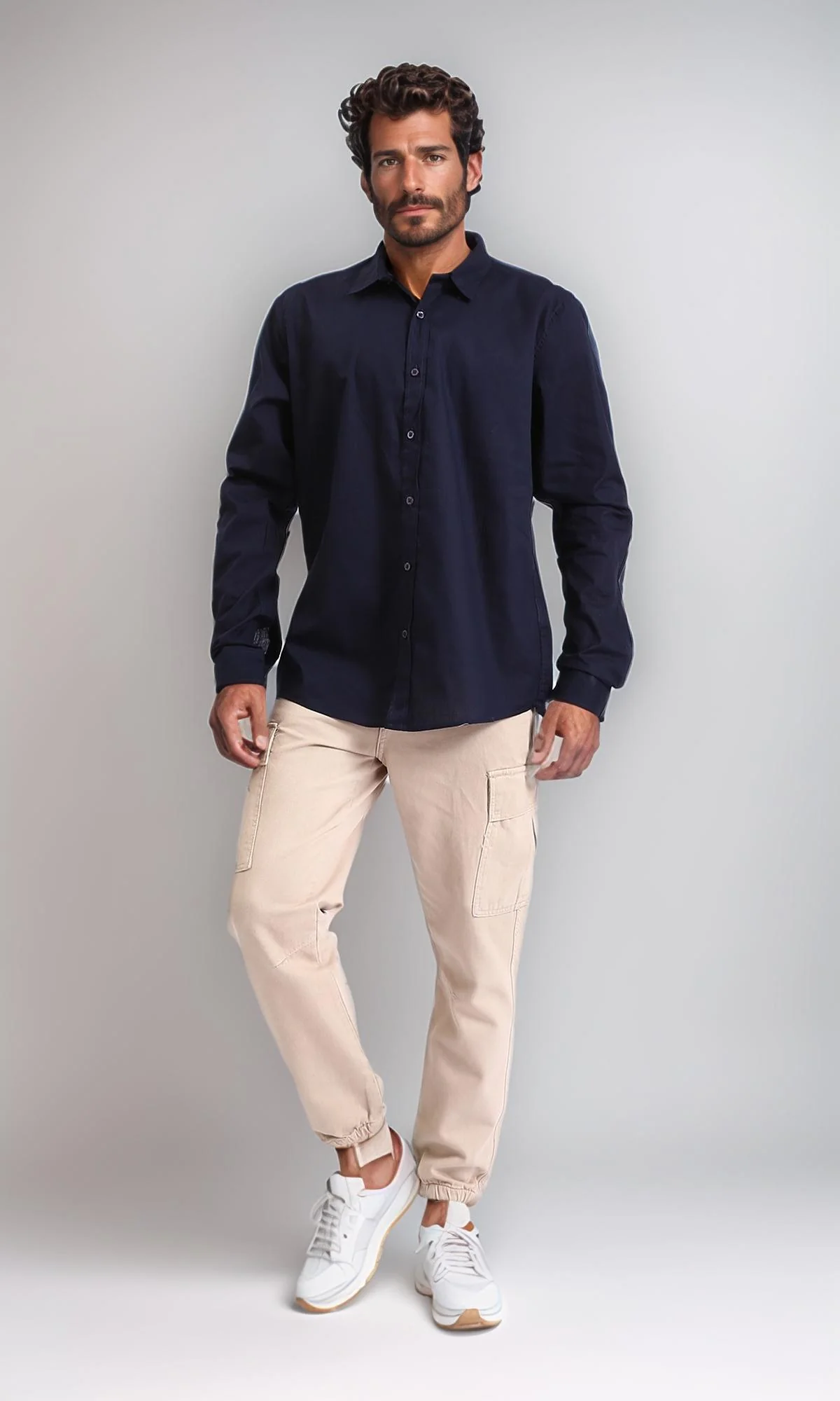 R207472 - Turn Down Collar Long Sleeve Shirt - Navy Blue - Image 5