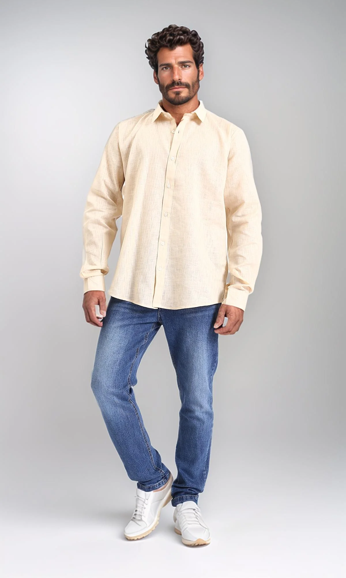 R207475-Textured Cotton Long Sleeve Shirt - Dark Beige - Image 4