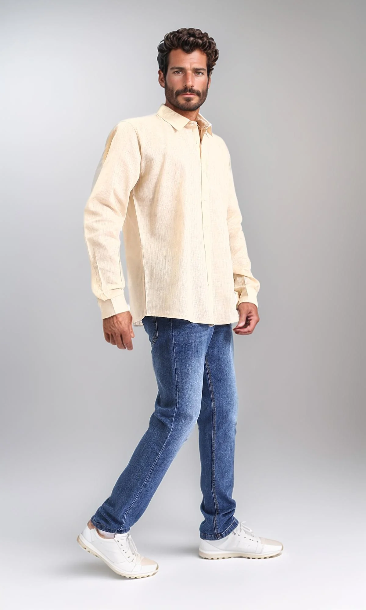 R207475-Textured Cotton Long Sleeve Shirt - Dark Beige - Image 5