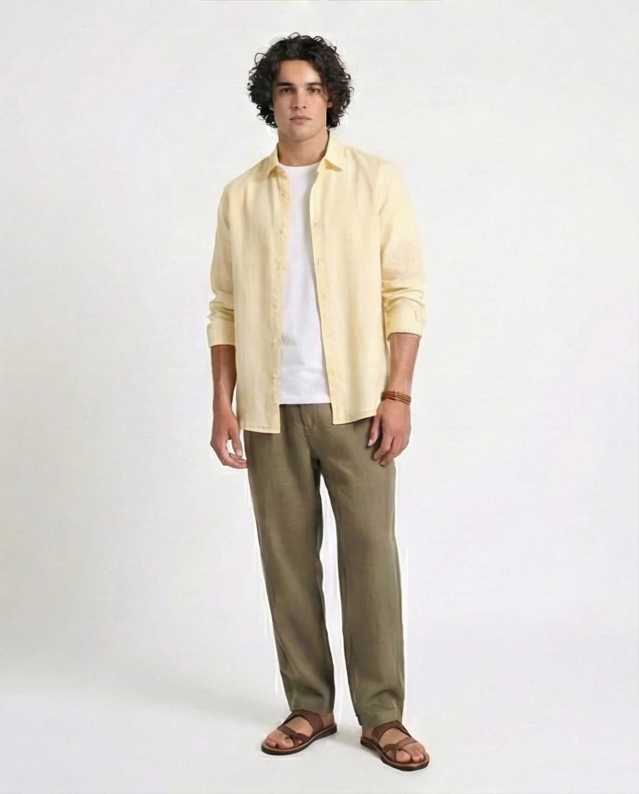 R207477 - Textured Cotton Long Sleeve Shirt - Light Yellow - Image 3