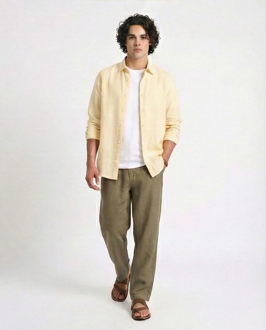 R207477 - Textured Cotton Long Sleeve Shirt - Light Yellow - Image 4
