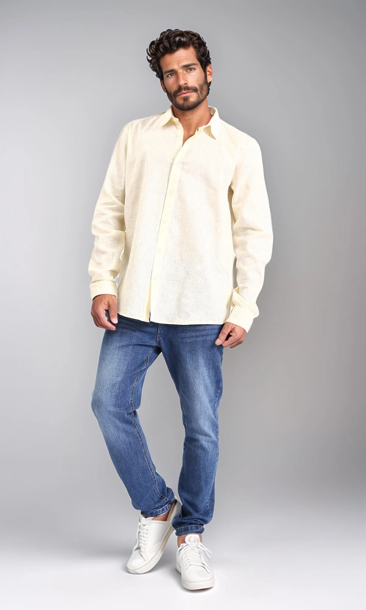 R207477 - Textured Cotton Long Sleeve Shirt - Light Yellow - Image 5