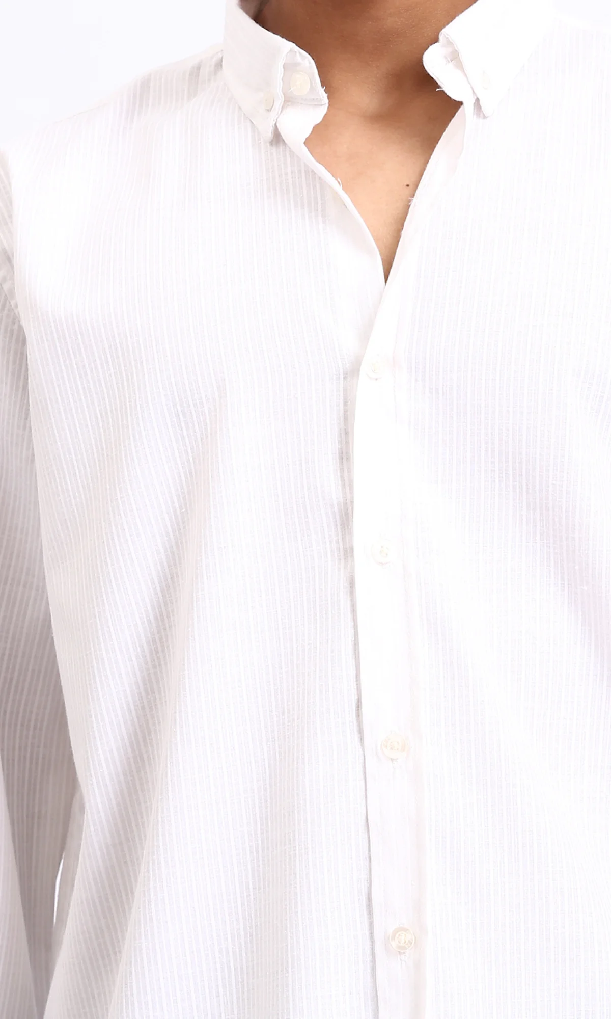 R207481 - Self Striped Long Sleeves Cotton Shirt - White - Image 3