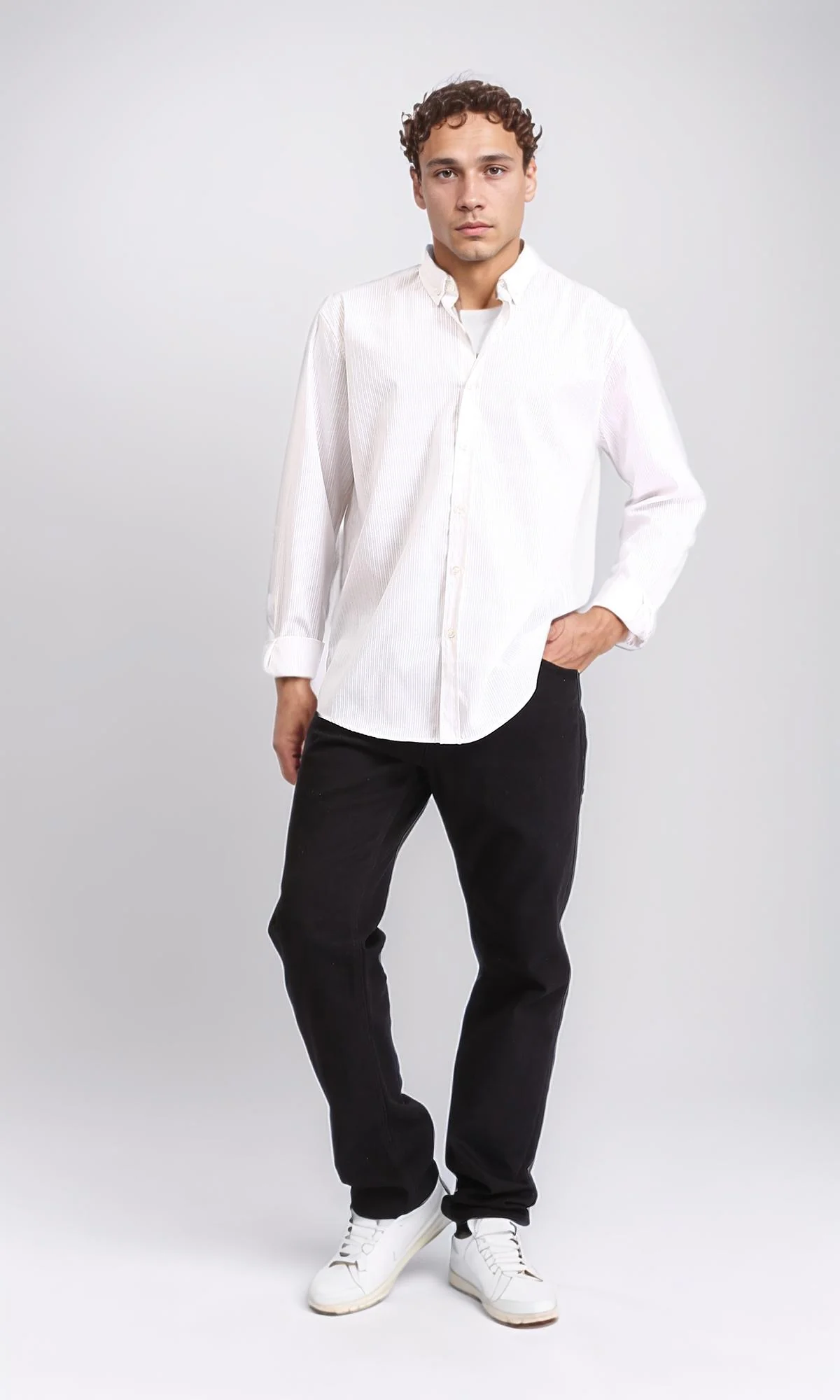 R207481 - Self Striped Long Sleeves Cotton Shirt - White - Image 4