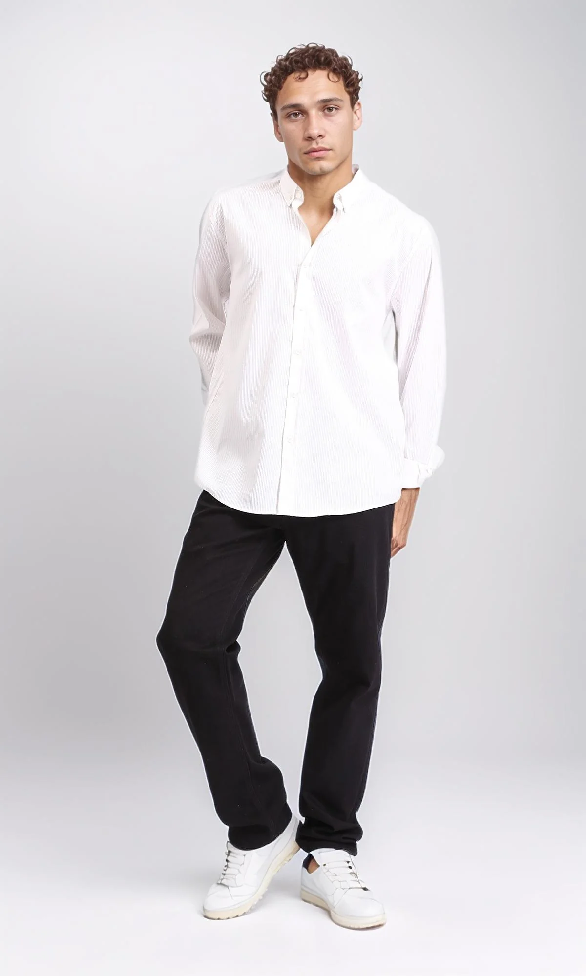 R207481 - Self Striped Long Sleeves Cotton Shirt - White - Image 5