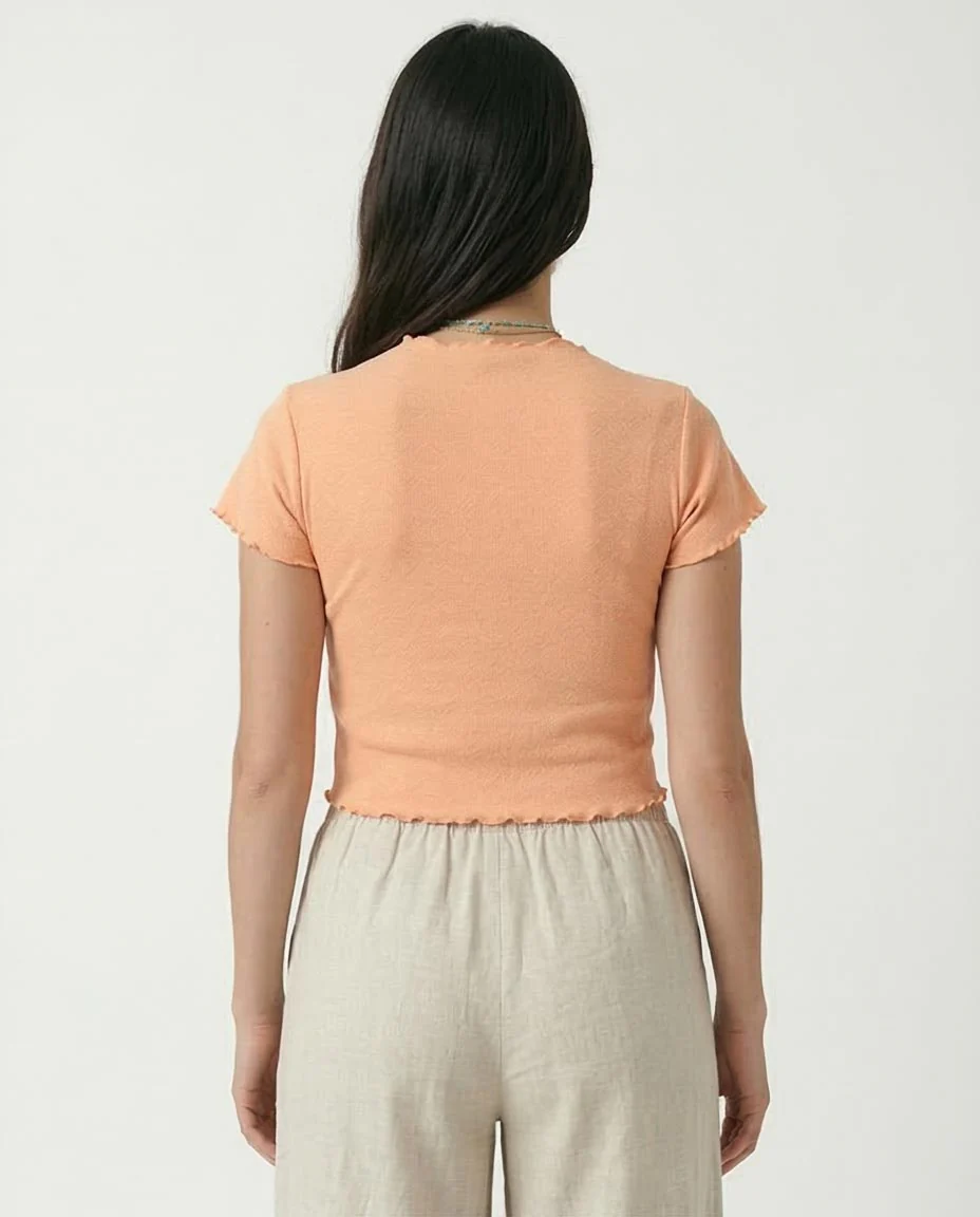 Ravin Women’s Ribbed Graphic Baby Tee – Peach Freedom Spirit Lettuce-Edge Top - R207489 - Image 2