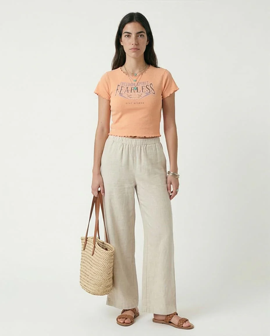 Ravin Women’s Ribbed Graphic Baby Tee – Peach Freedom Spirit Lettuce-Edge Top - R207489 - Image 3