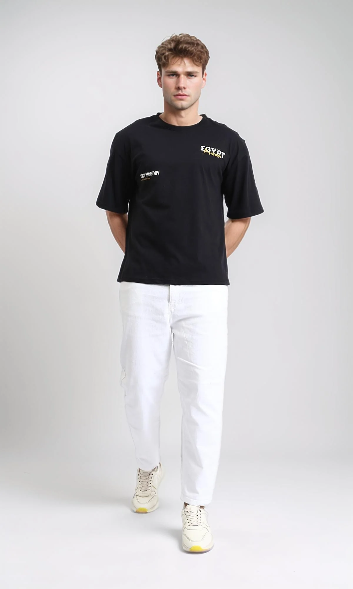 R207683 - Printed Elbow Sleeves Cotton Tee - Black - Image 4