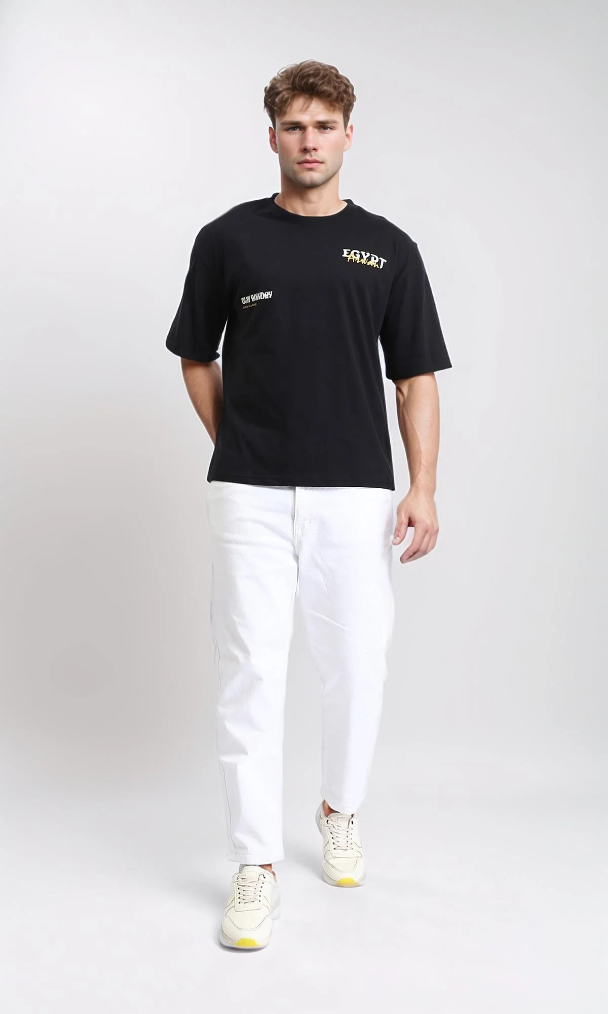 R207683 - Printed Elbow Sleeves Cotton Tee - Black - Image 5