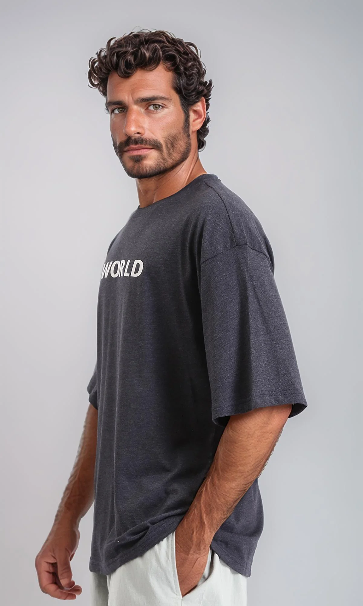 R207696 - Printed "World" Elbow-Sleeves Tee - Heather Charcoal Grey - Image 2