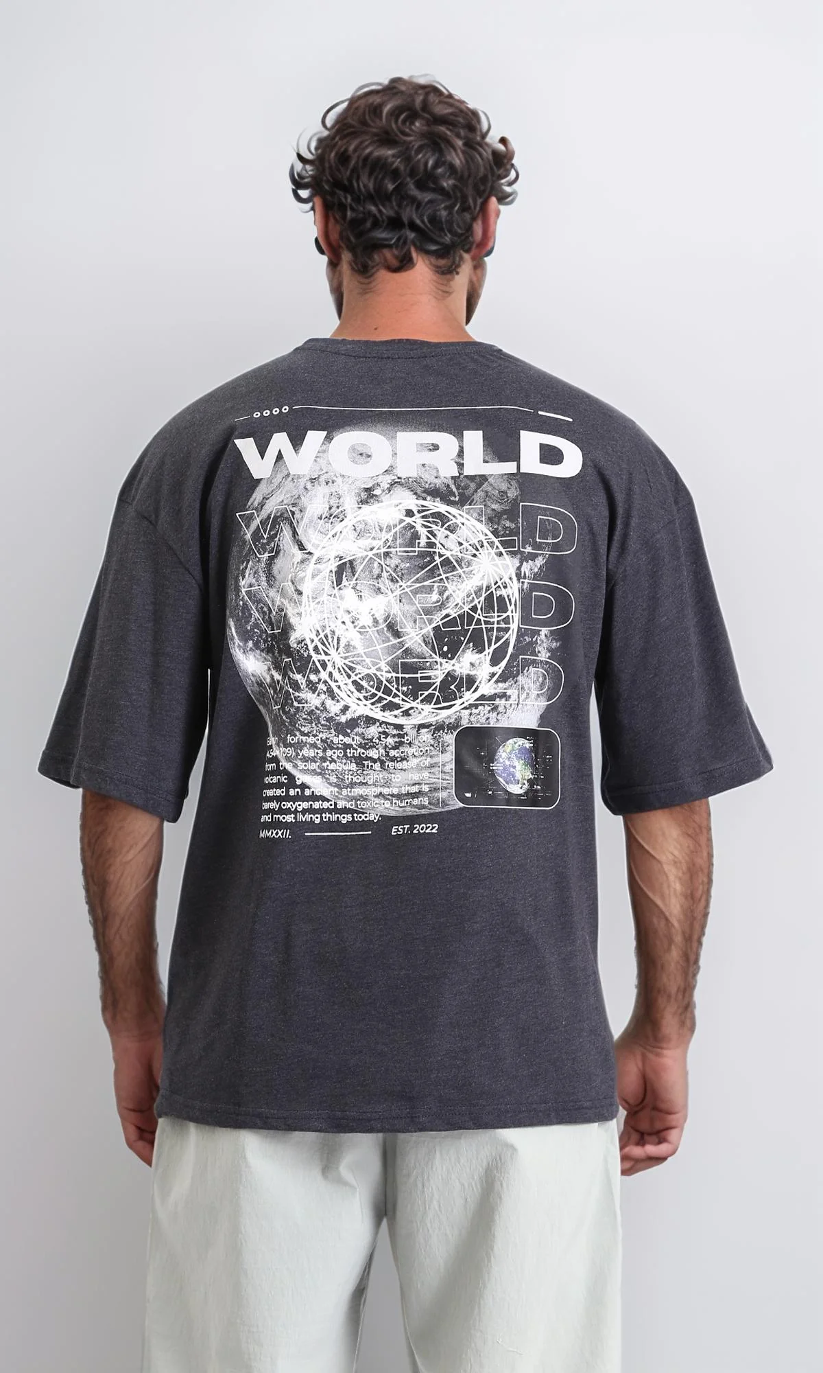R207696 - Printed "World" Elbow-Sleeves Tee - Heather Charcoal Grey - Image 3