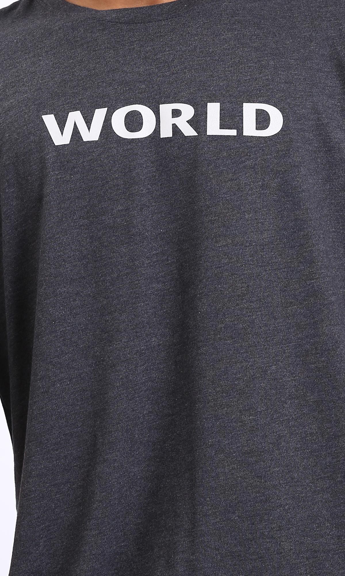 R207696 - Printed "World" Elbow-Sleeves Tee - Heather Charcoal Grey - Image 4