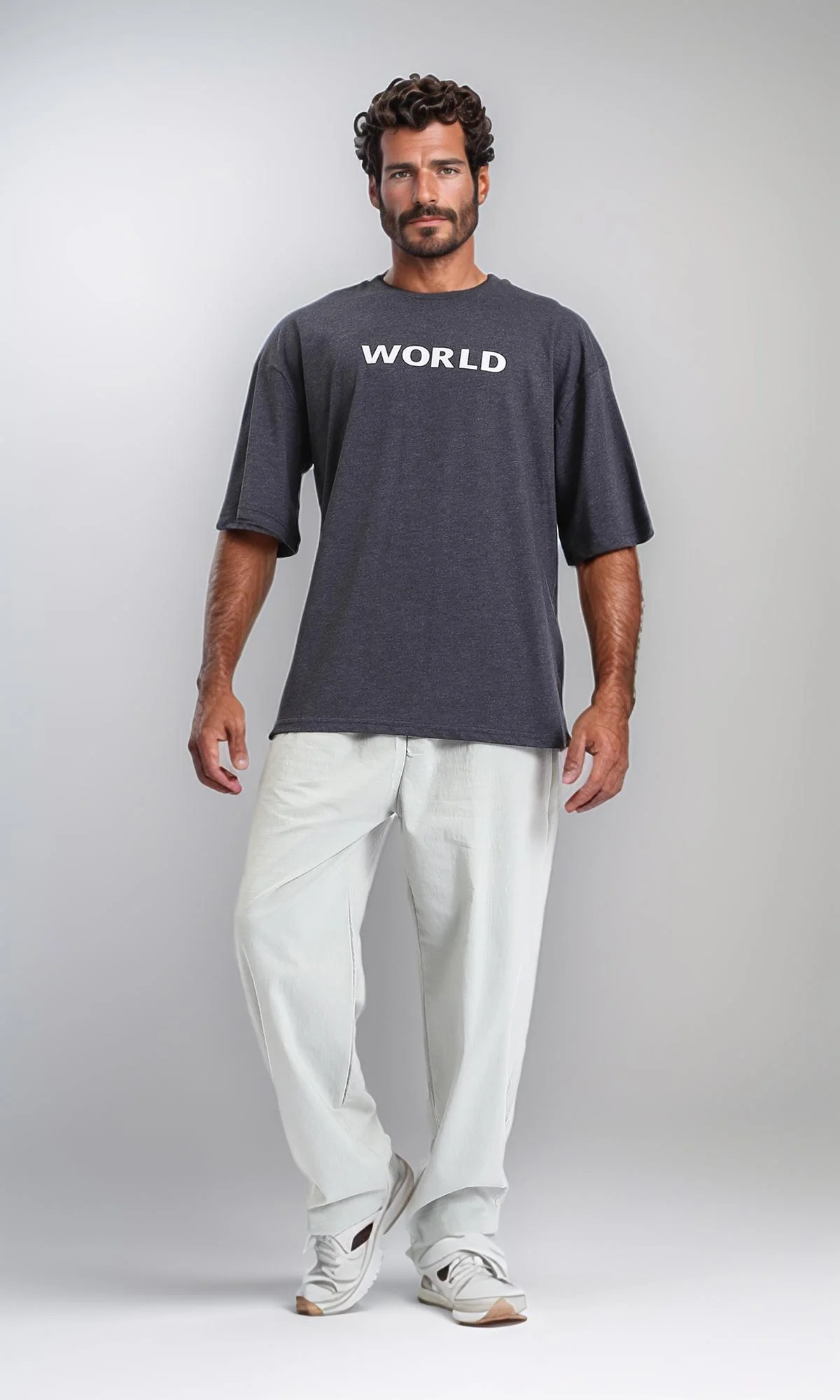 R207696 - Printed "World" Elbow-Sleeves Tee - Heather Charcoal Grey - Image 5