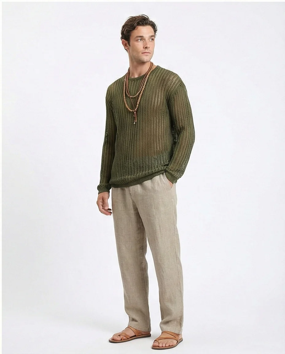 R207761 - Long Sleeves Perforated Knitted Pullover - Dark Olive - Image 5