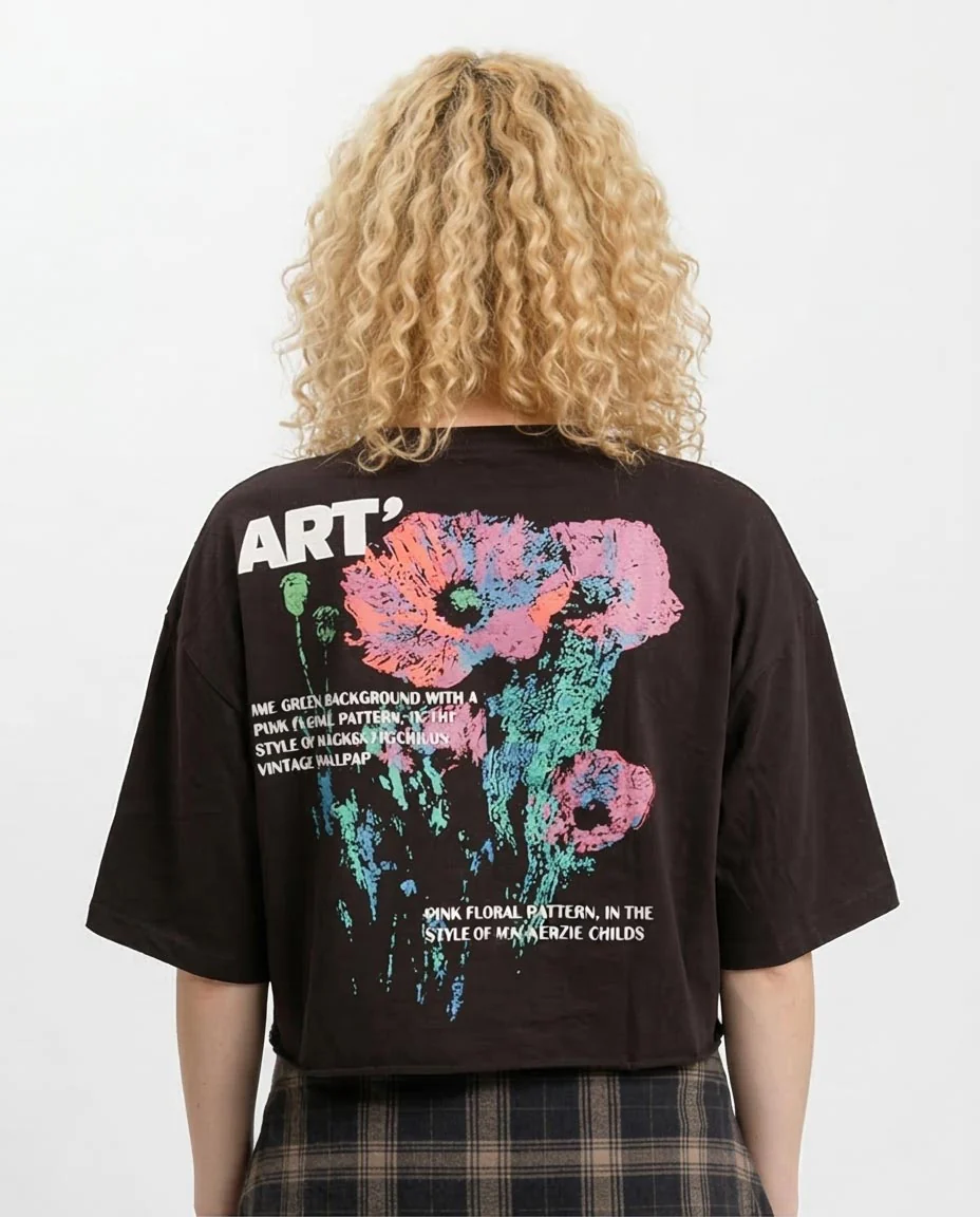 RAVIN Women’s Oversized Cropped "ART" Graphic T-Shirt  - Black - R207781 - Image 2