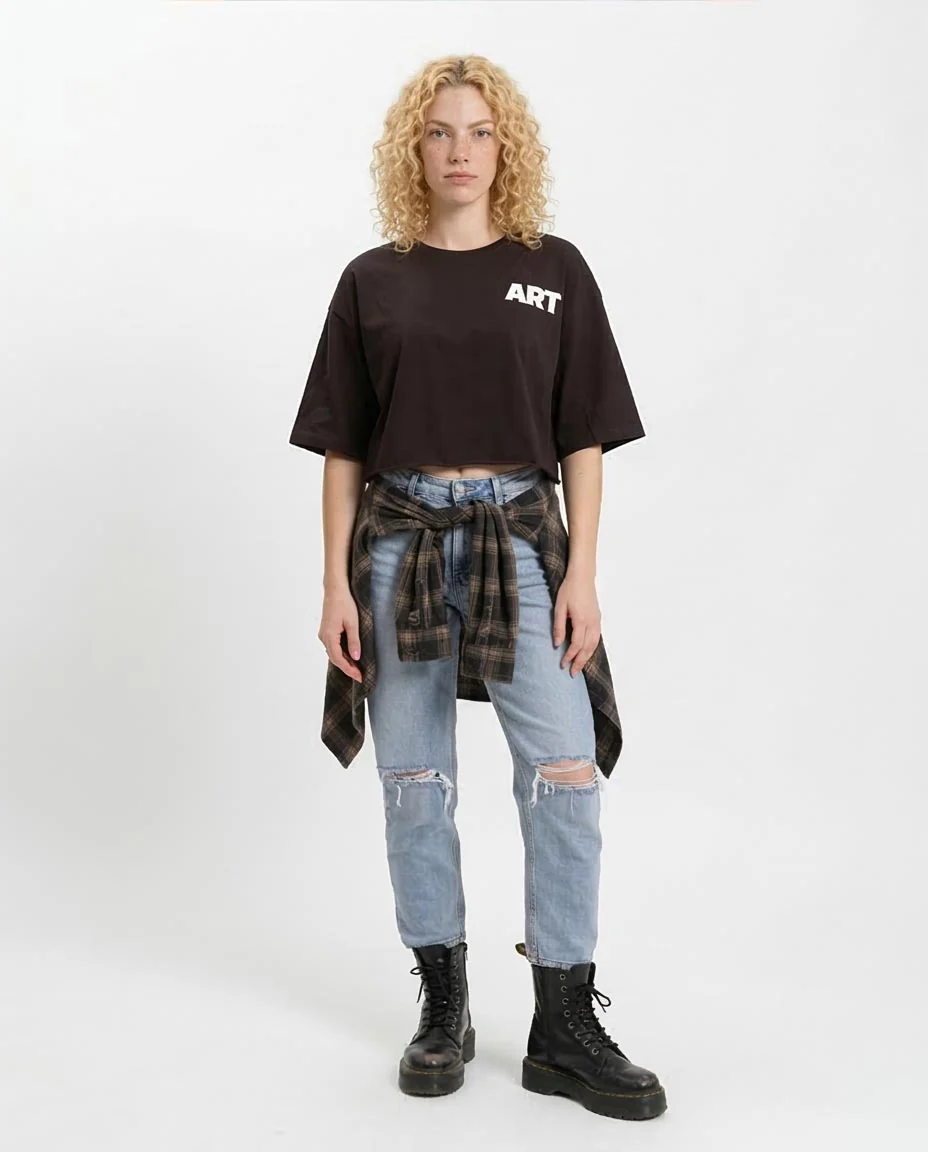 RAVIN Women’s Oversized Cropped "ART" Graphic T-Shirt  - Black - R207781 - Image 3