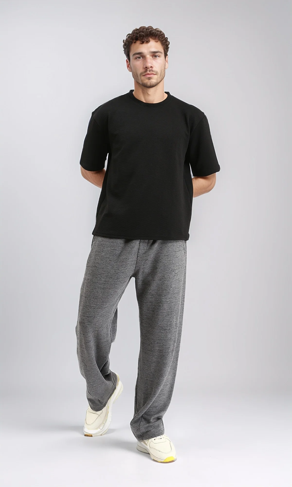 R207842 - Ribbed Round Neck Relaxed Tee - Black - Image 4