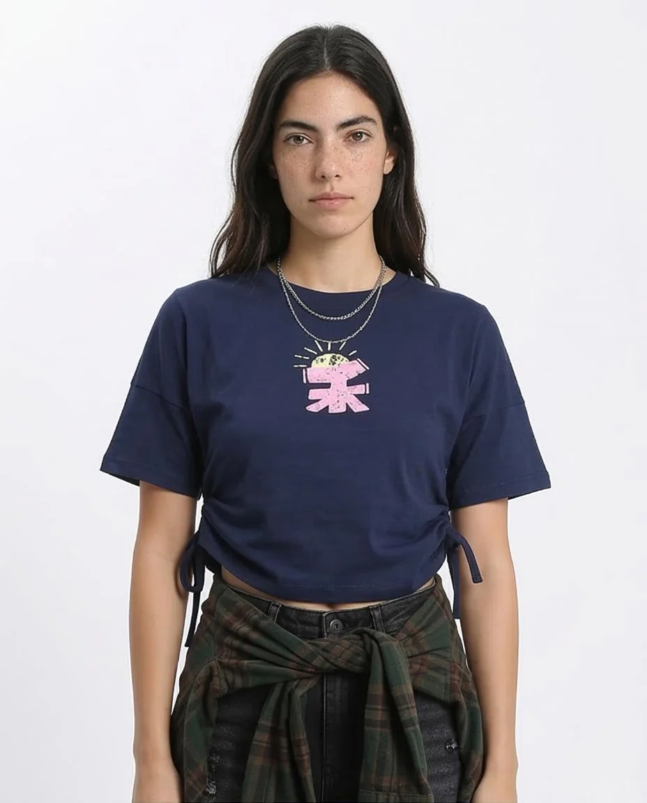 Ravin Women’s Cinched-Side Graphic Tee – Navy Blue Distressed Print - R207870