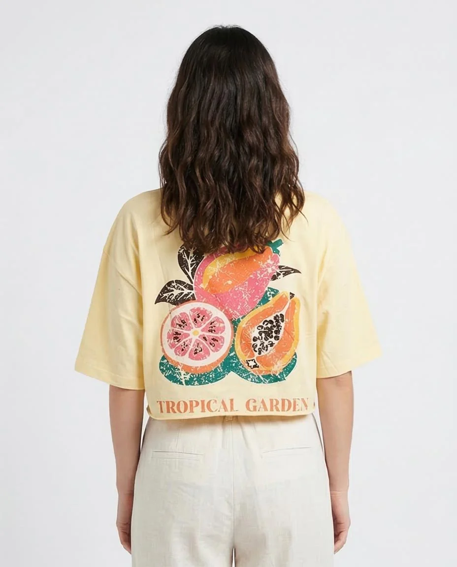 Ravin Tropical Papaya Graphic Boxy Crop Tee - Yellow - R207874 - Image 2