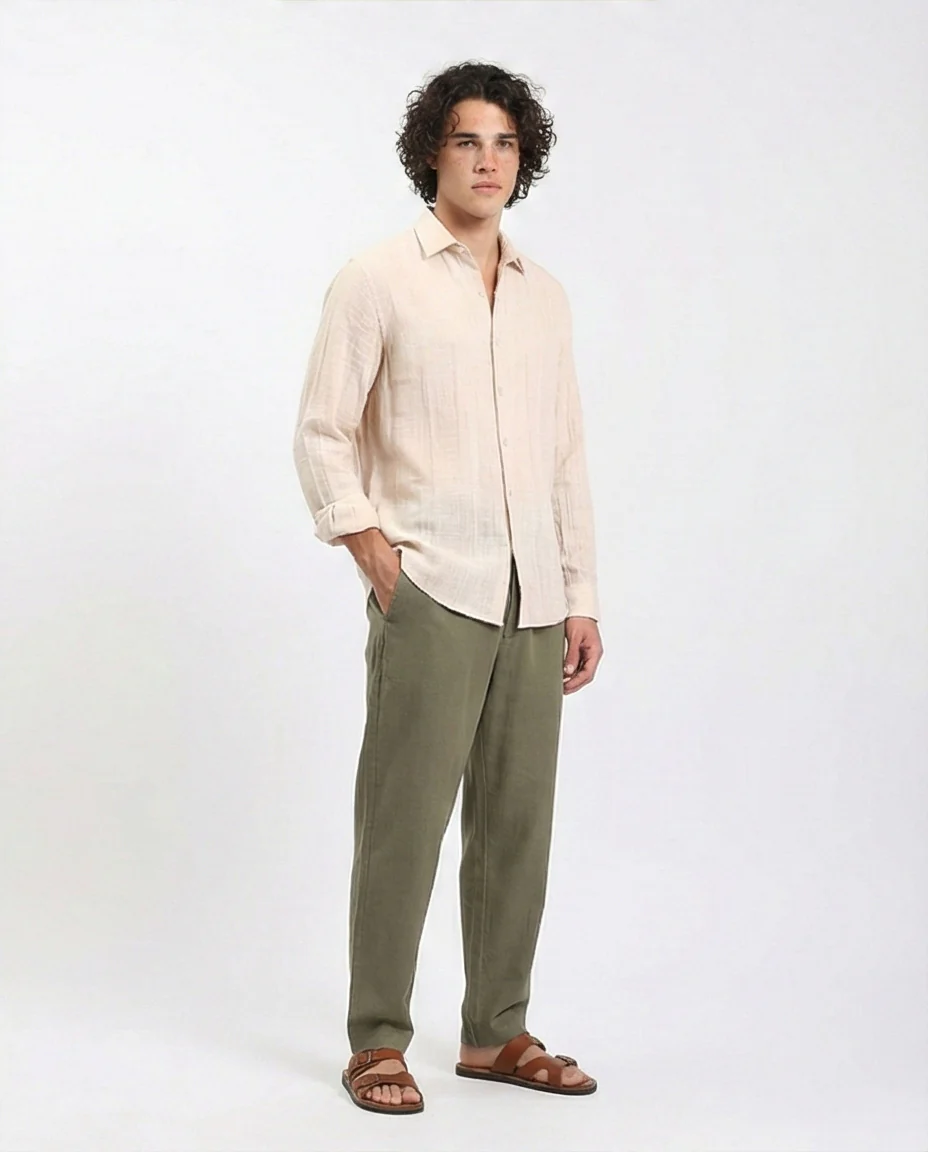 R207939 - Textured Long Sleeves Comfy Shirt - Dark Beige - Image 4