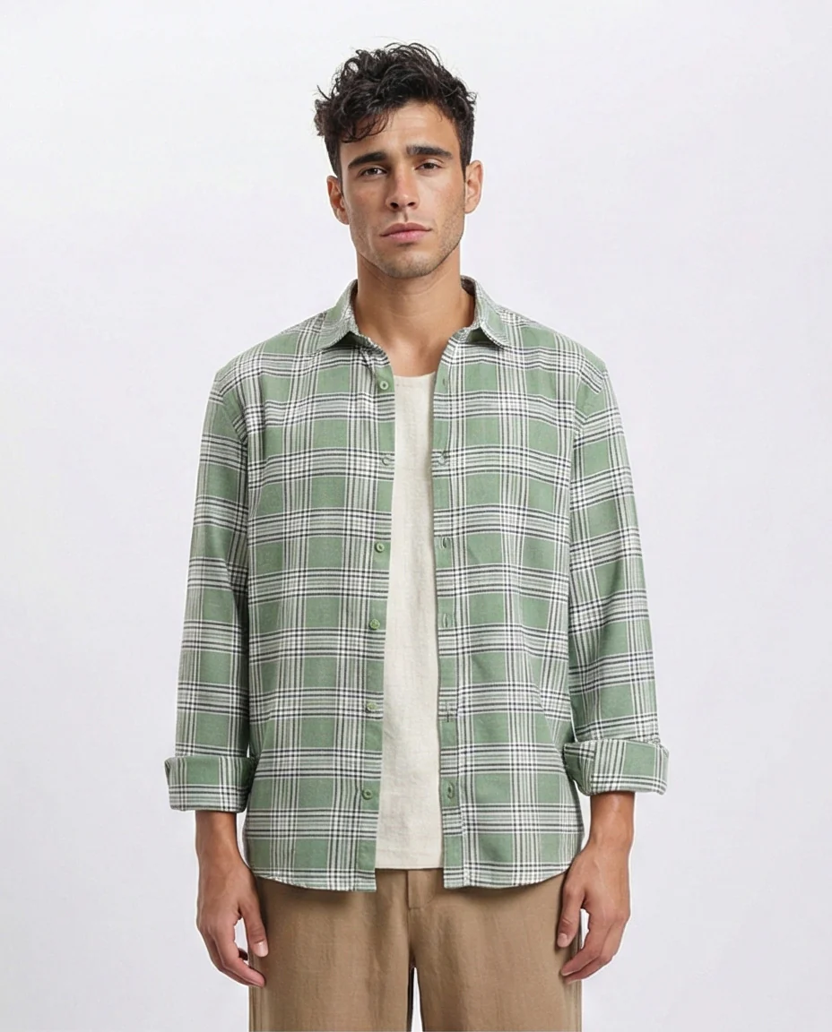 R208099 - Plaids Long Sleeves Cotton Shirt - Light Green & White
