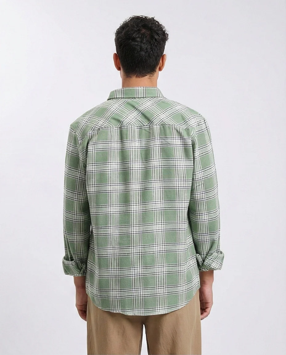 R208099 - Plaids Long Sleeves Cotton Shirt - Light Green & White - Image 2