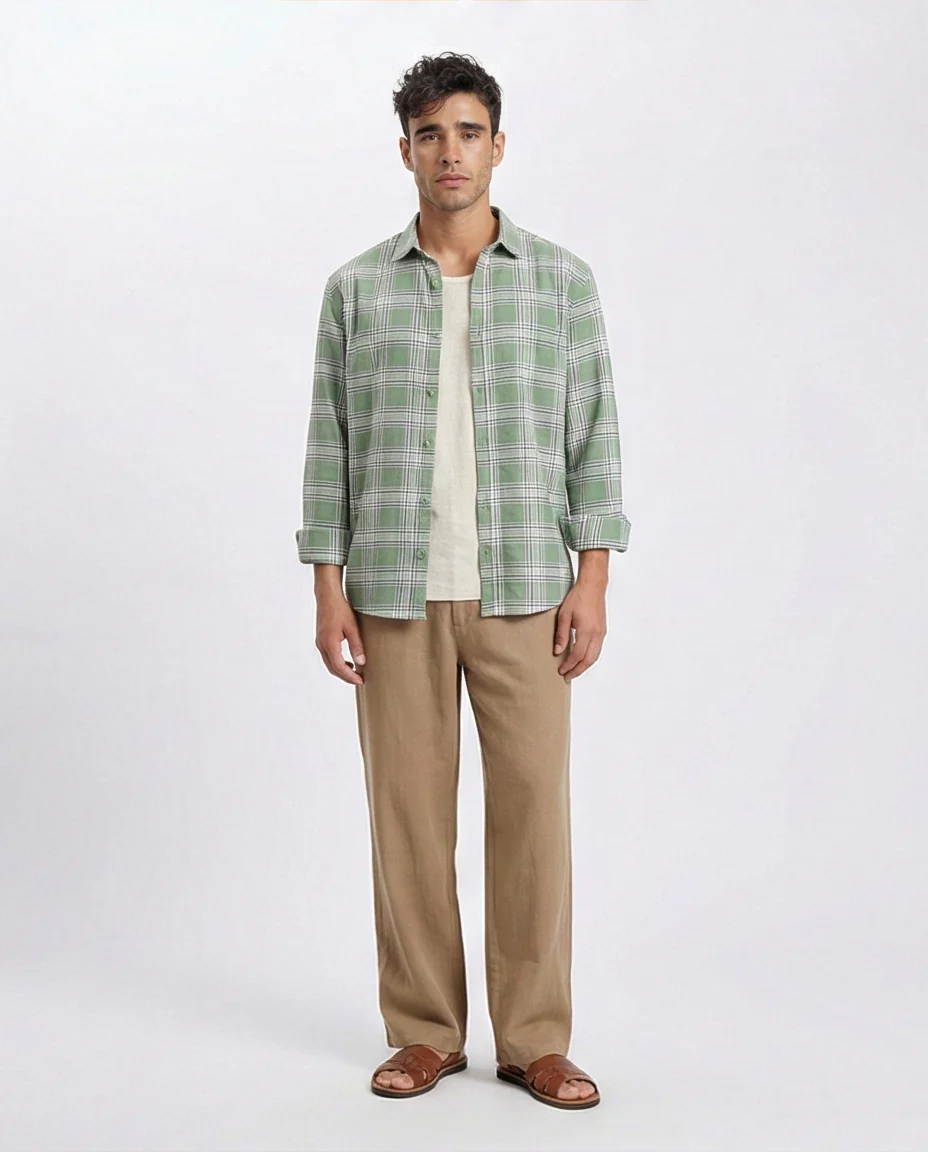 R208099 - Plaids Long Sleeves Cotton Shirt - Light Green & White - Image 3