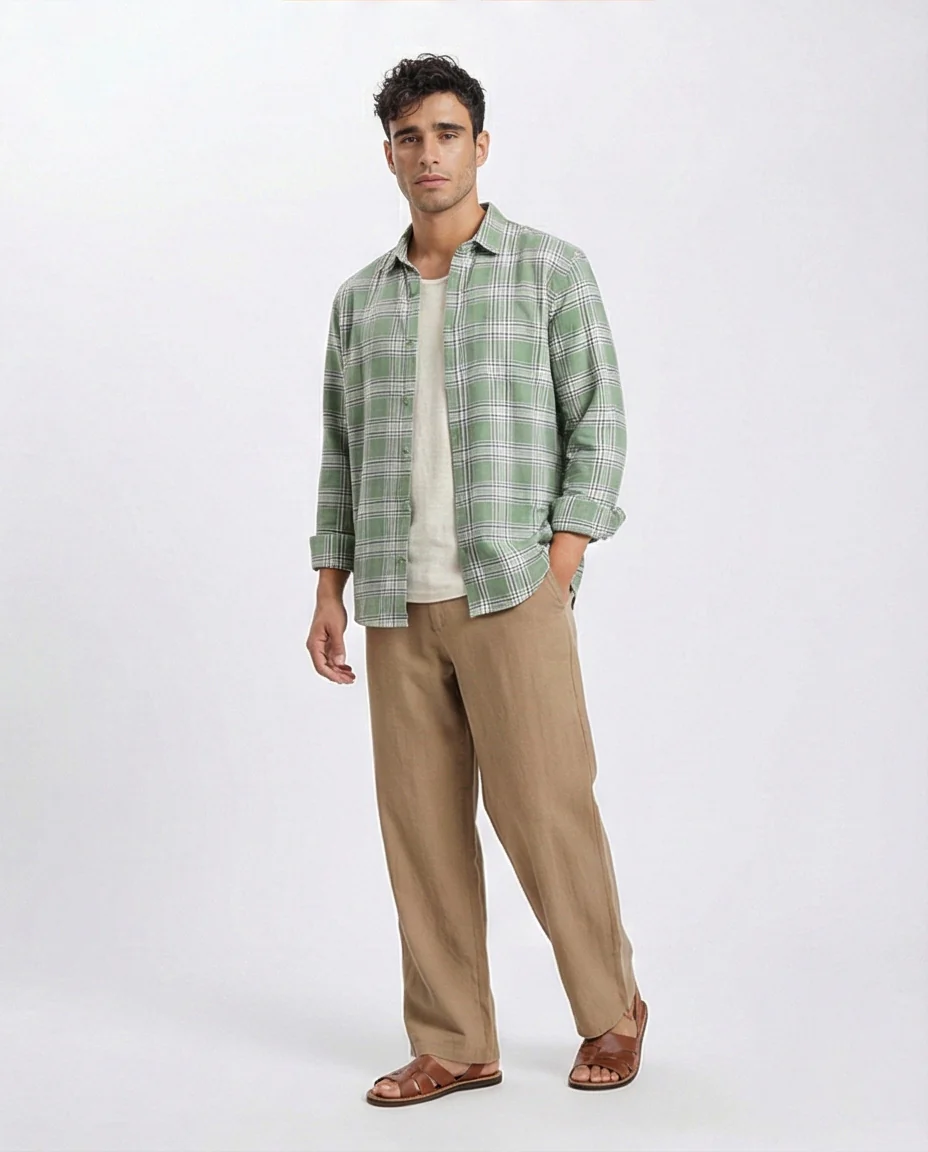 R208099 - Plaids Long Sleeves Cotton Shirt - Light Green & White - Image 4