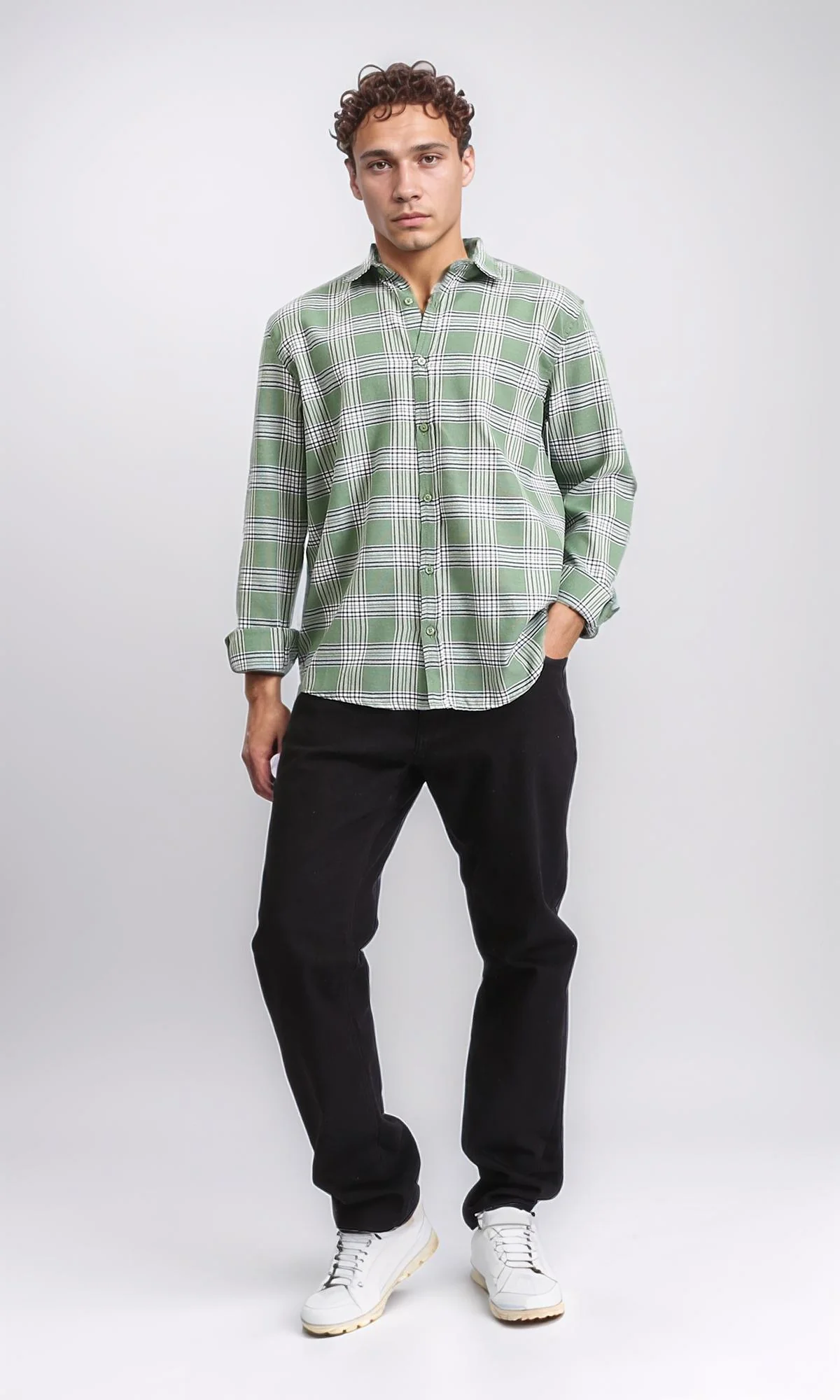 R208099 - Plaids Long Sleeves Cotton Shirt - Light Green & White - Image 5