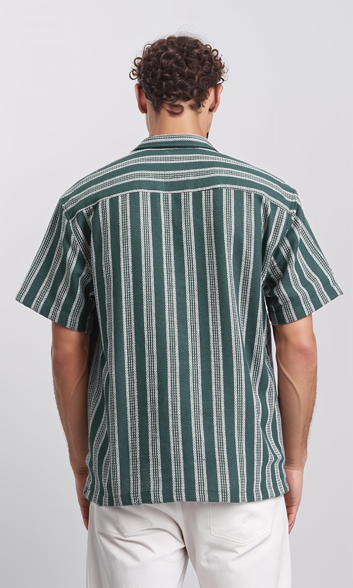 R208103 - Striped Shirt with Classic Collar - Dark Green & White - Image 2