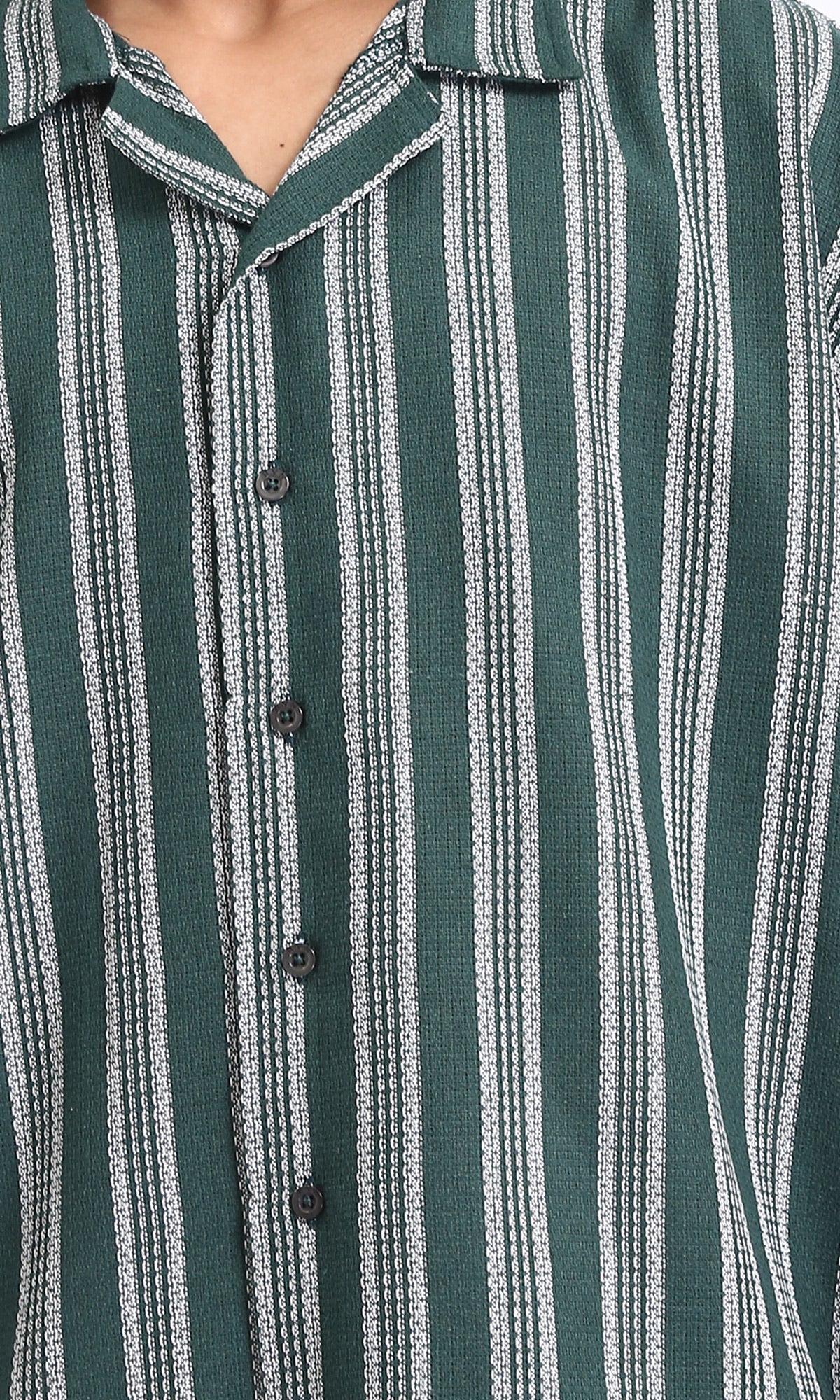 R208103 - Striped Shirt with Classic Collar - Dark Green & White - Image 3