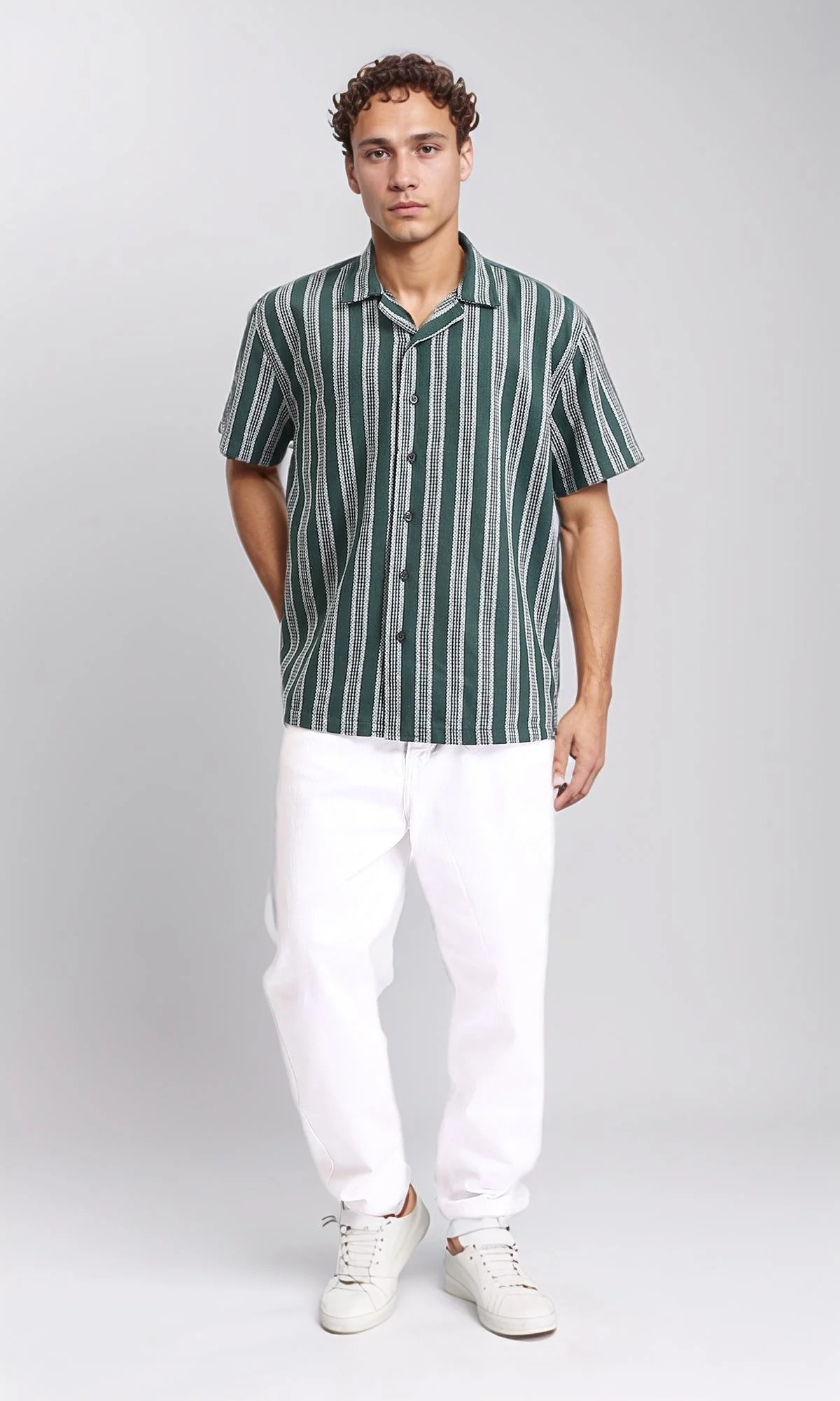 R208103 - Striped Shirt with Classic Collar - Dark Green & White - Image 4