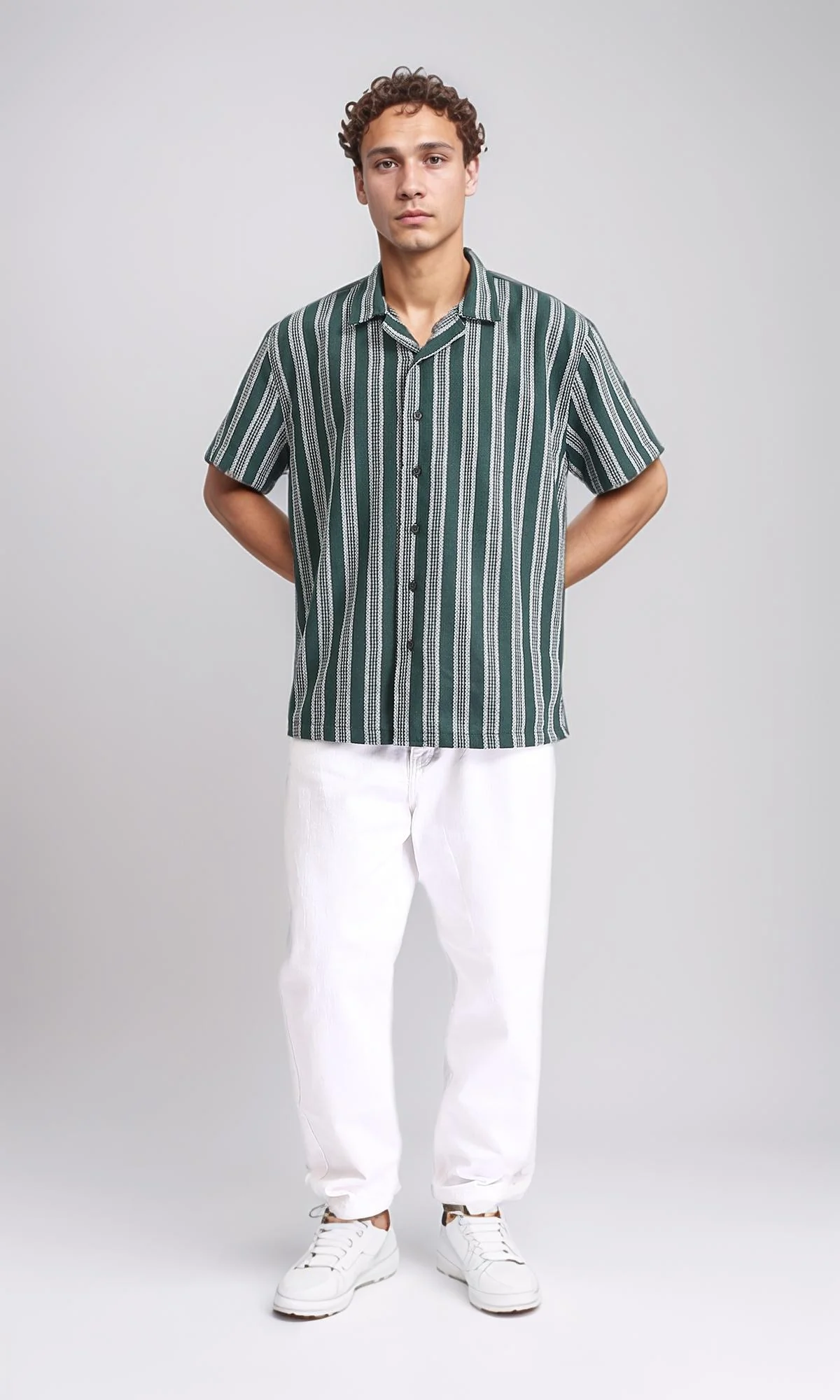 R208103 - Striped Shirt with Classic Collar - Dark Green & White - Image 5