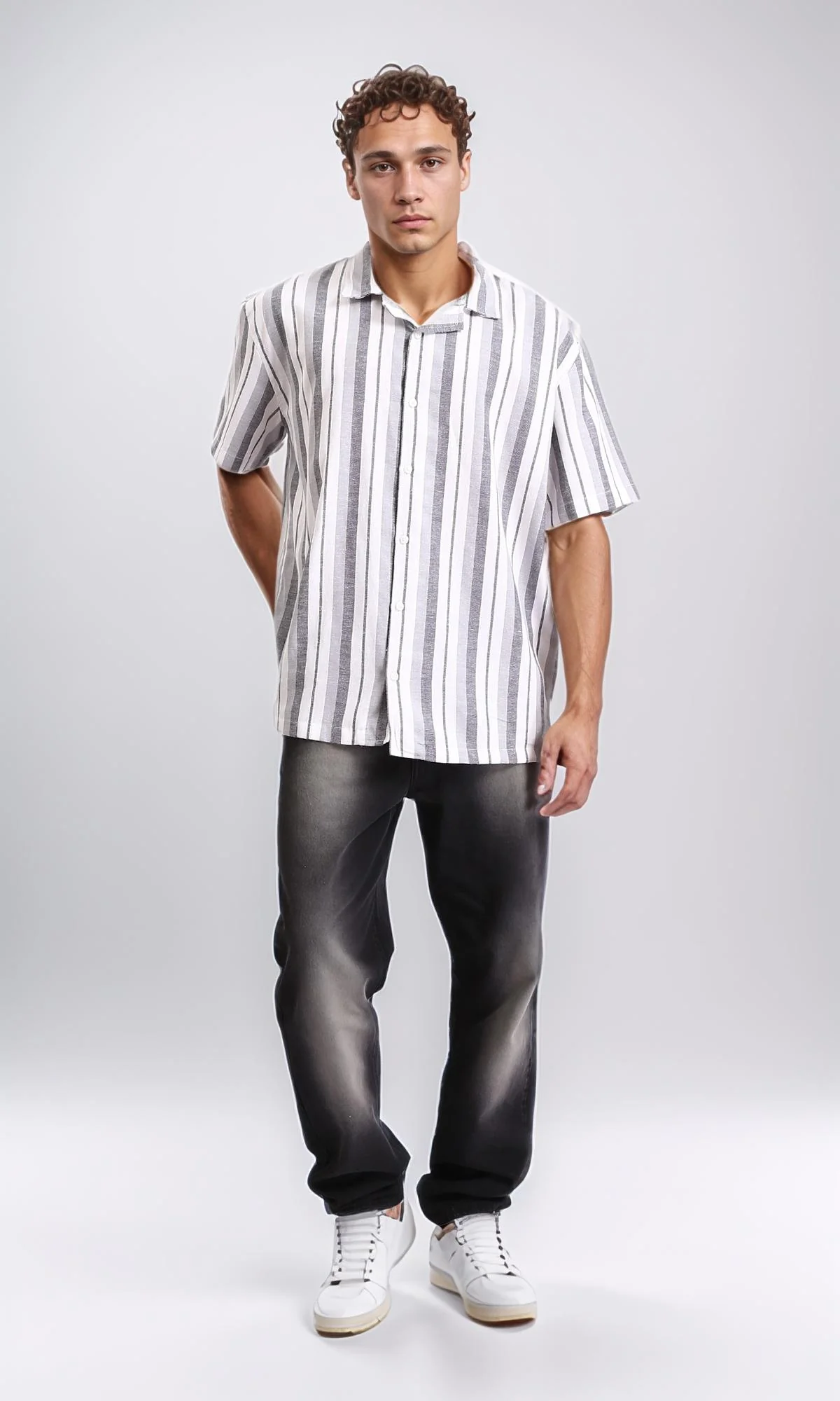 R208106 - Striped Shirt with Classic Collar - Grey & White - Image 4