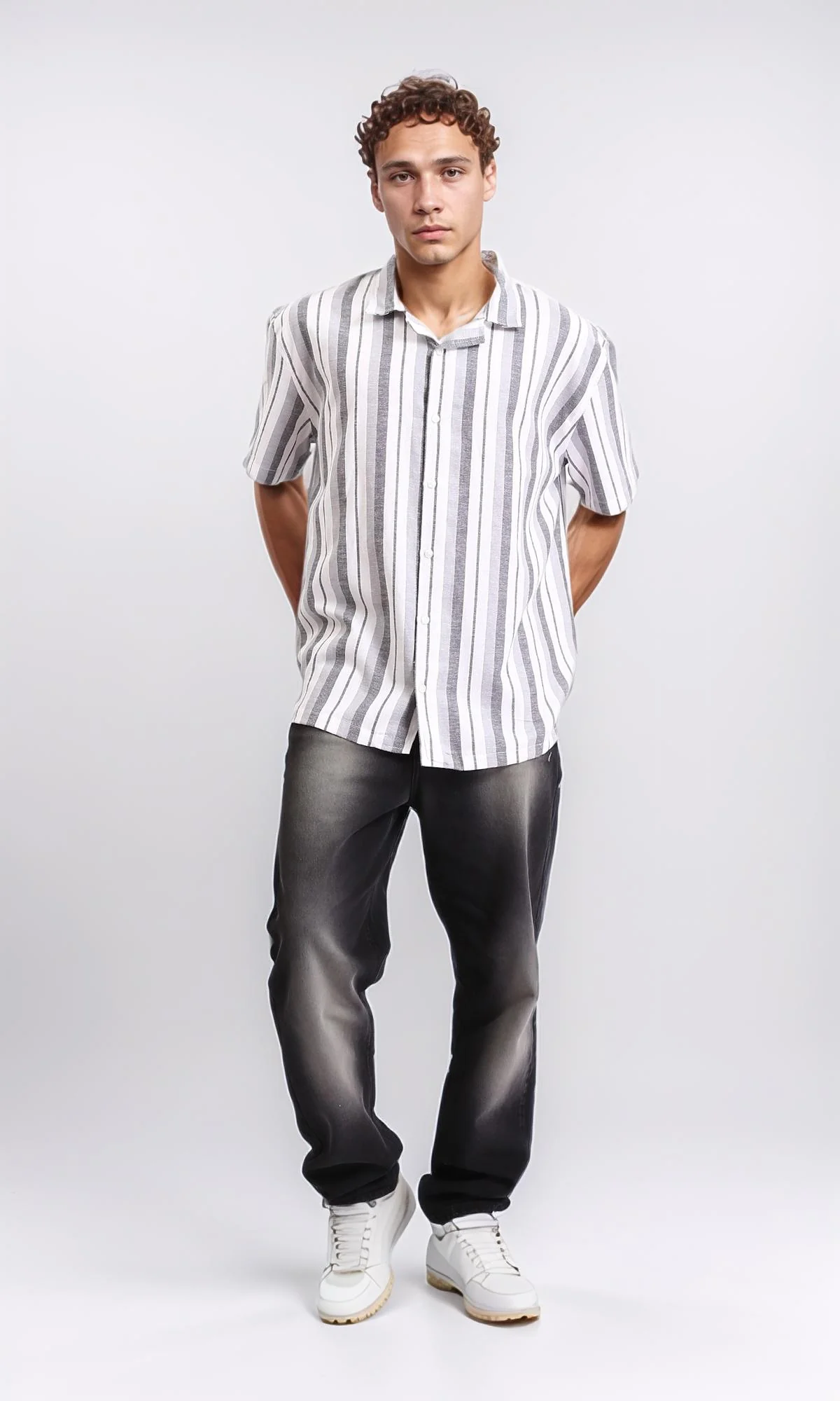 R208106 - Striped Shirt with Classic Collar - Grey & White - Image 5