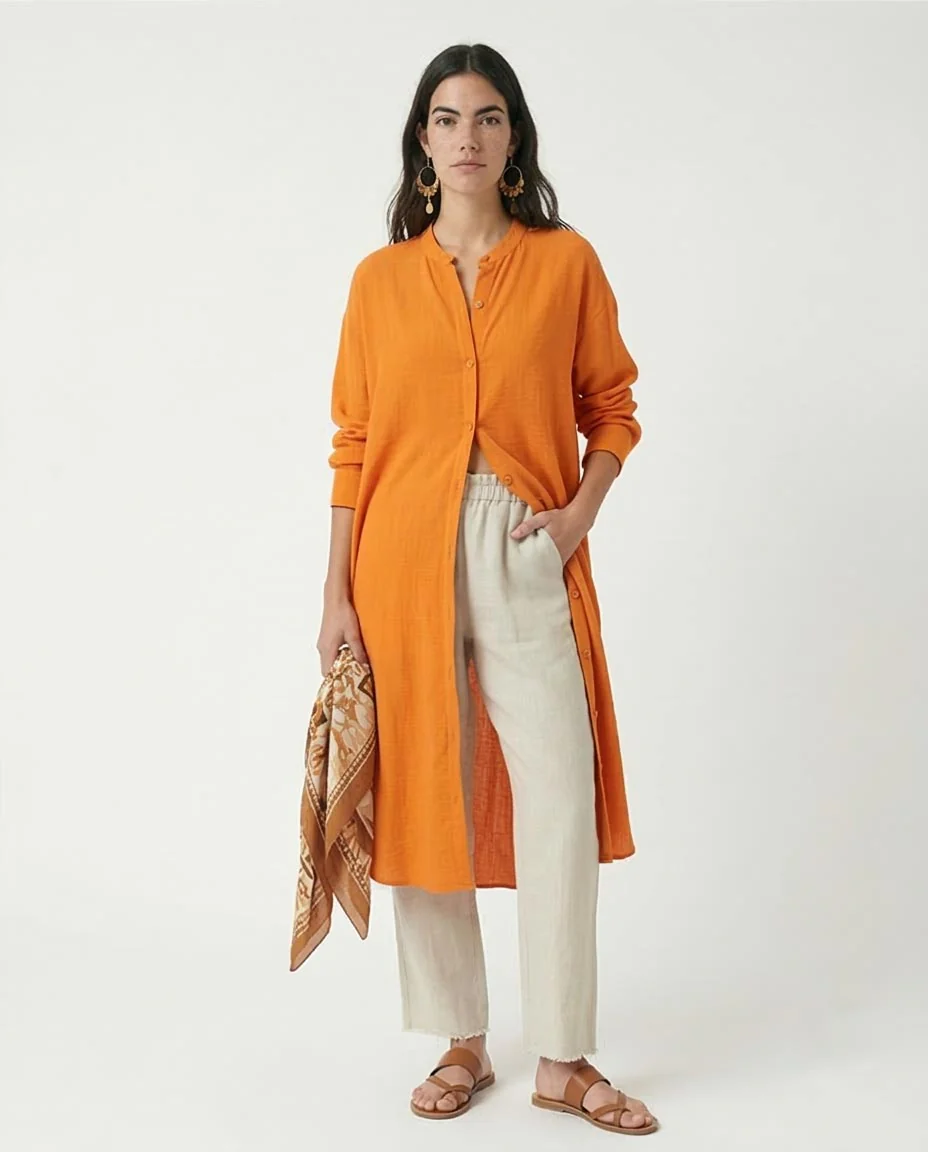Ravin Women’s Mandarian Collar Textured Longline Tunic – Vibrant Orange - R208124 - Image 3