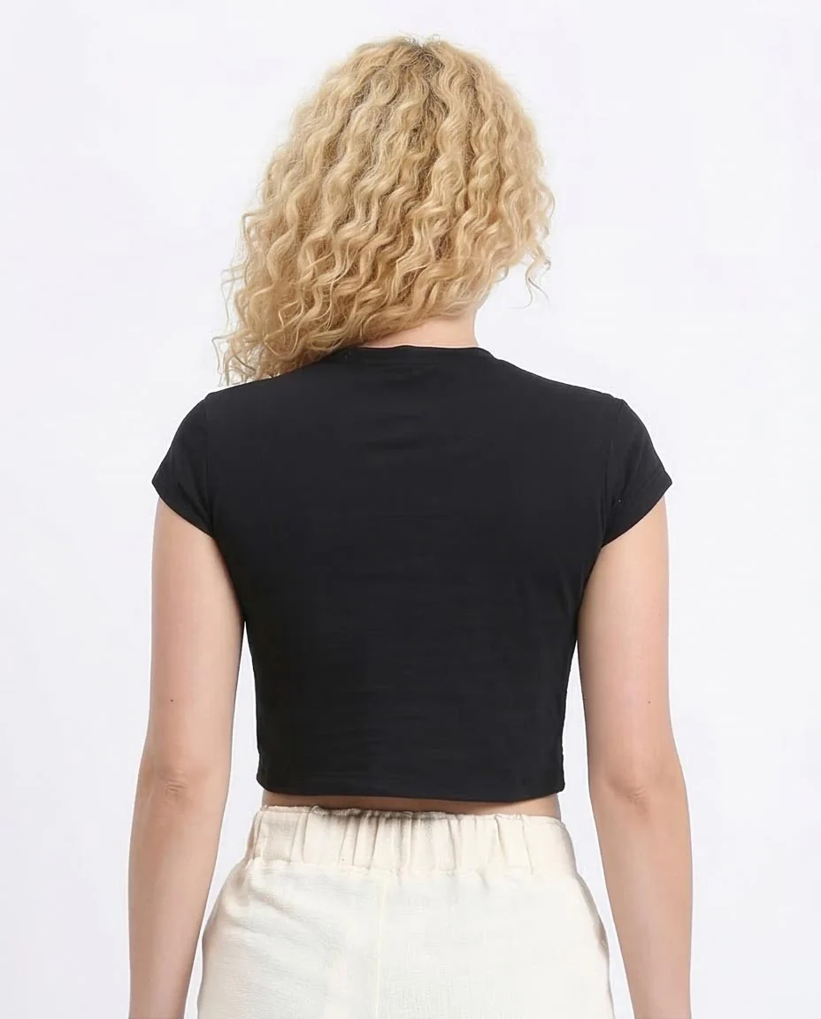 Ravin Asymmetric Knot Detail Cap Sleeve Baby Tee – Black -R208133 - Image 2
