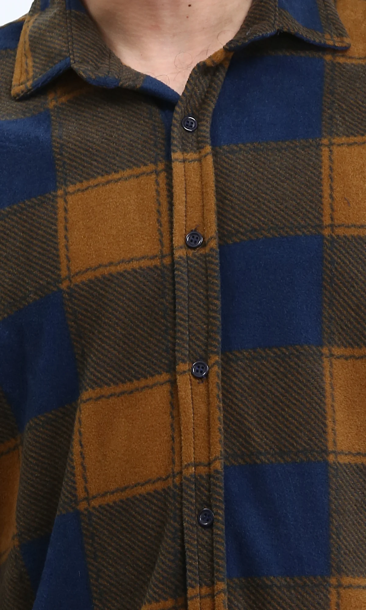 R208152 - Plaid Shirt with Classic Collar - Navy Blue & Camel - Image 3