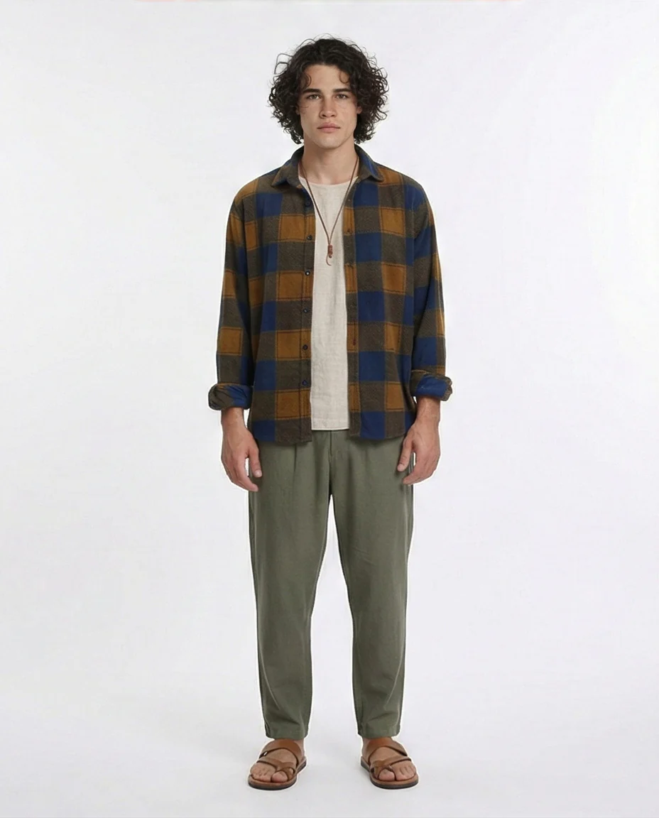 R208152 - Plaid Shirt with Classic Collar - Navy Blue & Camel - Image 4