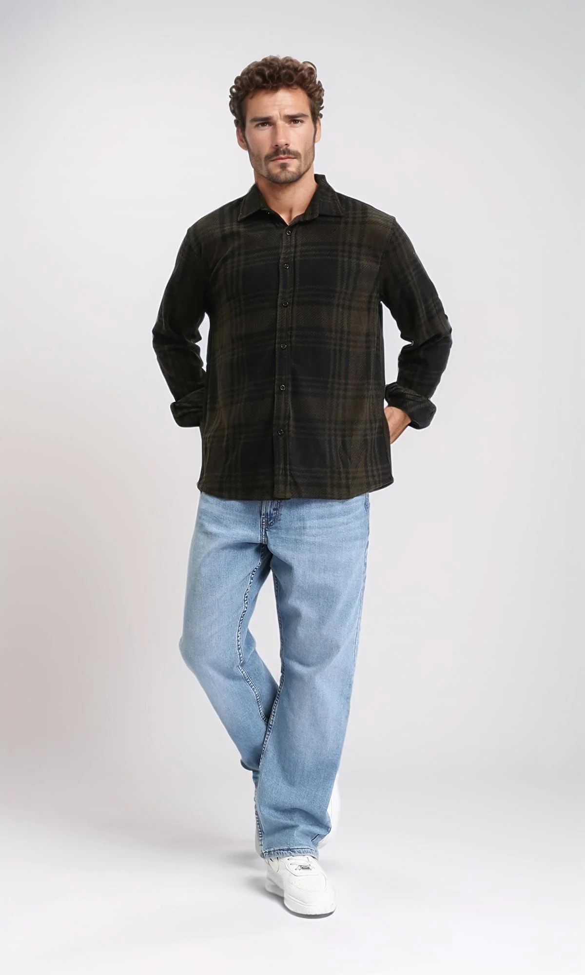 R208154 - Tartan Shirt with Classic Collar - Black & Dark Olive - Image 4