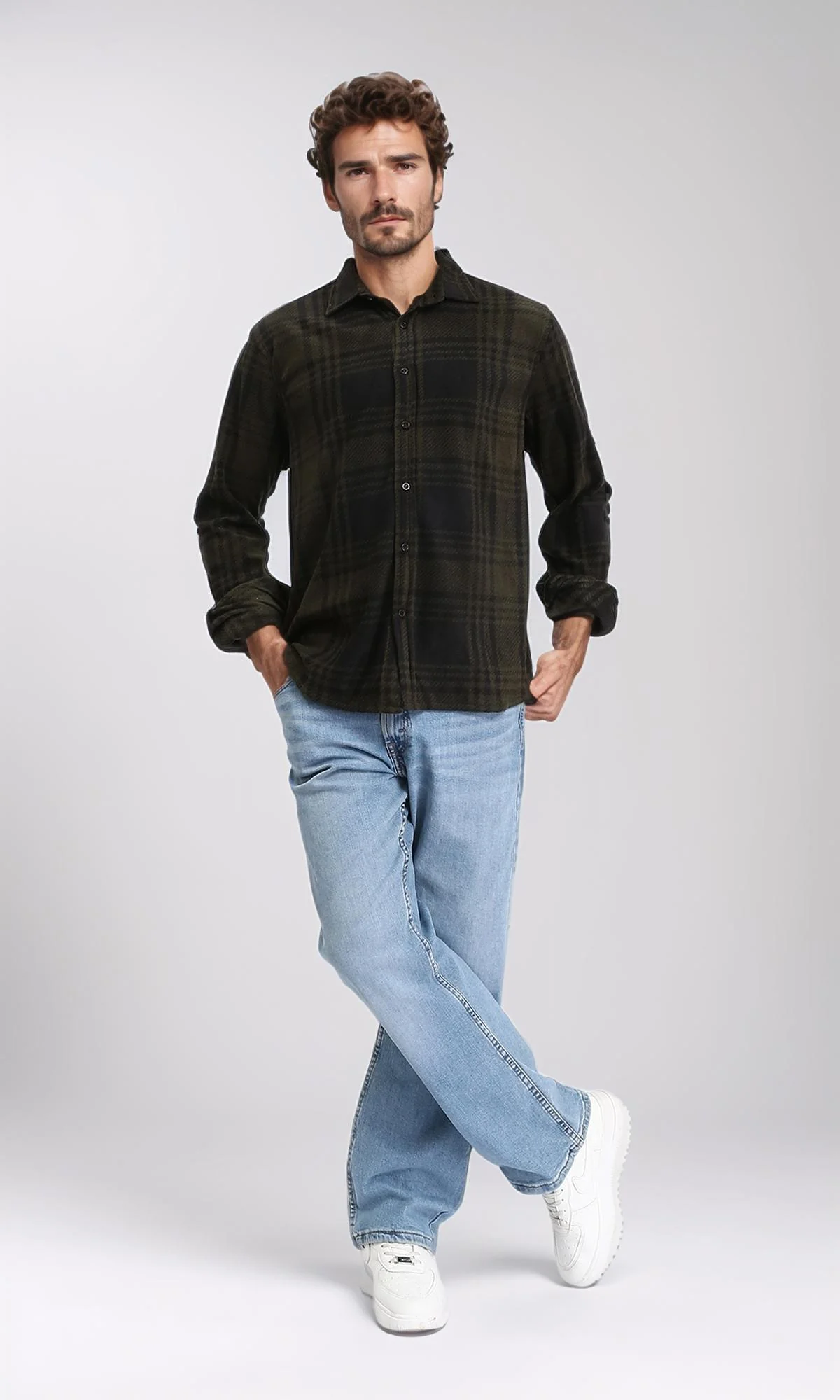 R208154 - Tartan Shirt with Classic Collar - Black & Dark Olive - Image 5