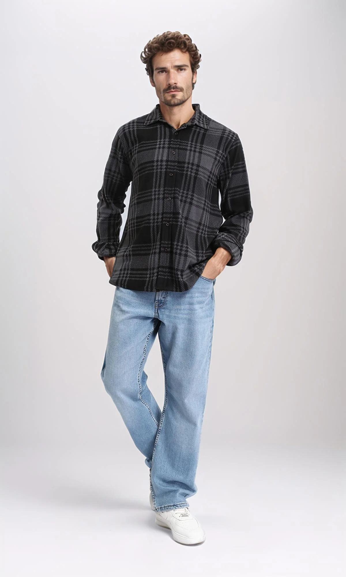 R208156 - Tartan Shirt with Classic Collar - Black & Dark Grey - Image 4