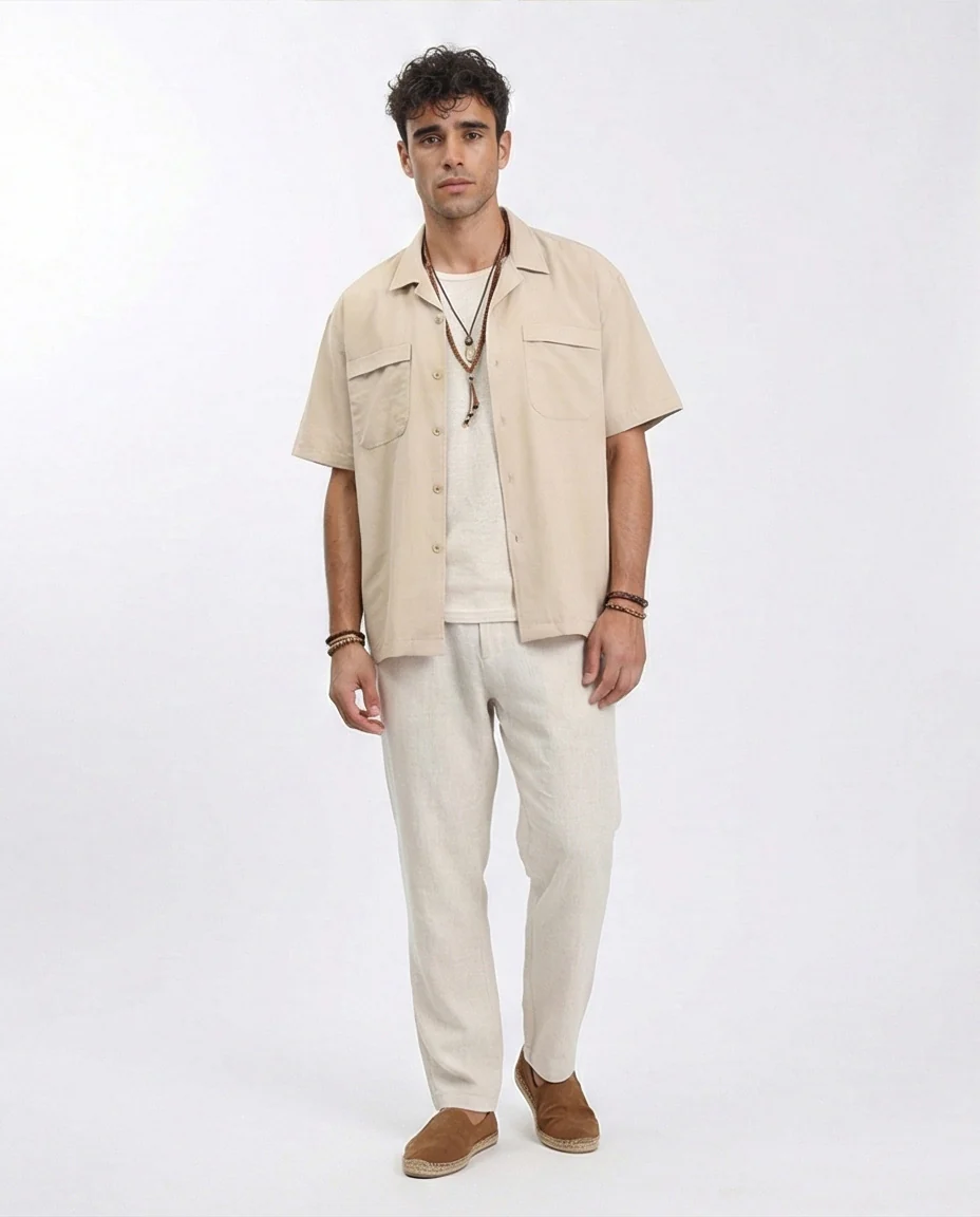 R208157 - Elbow Sleeves Shirt with Front Pockets - Sand - Image 3