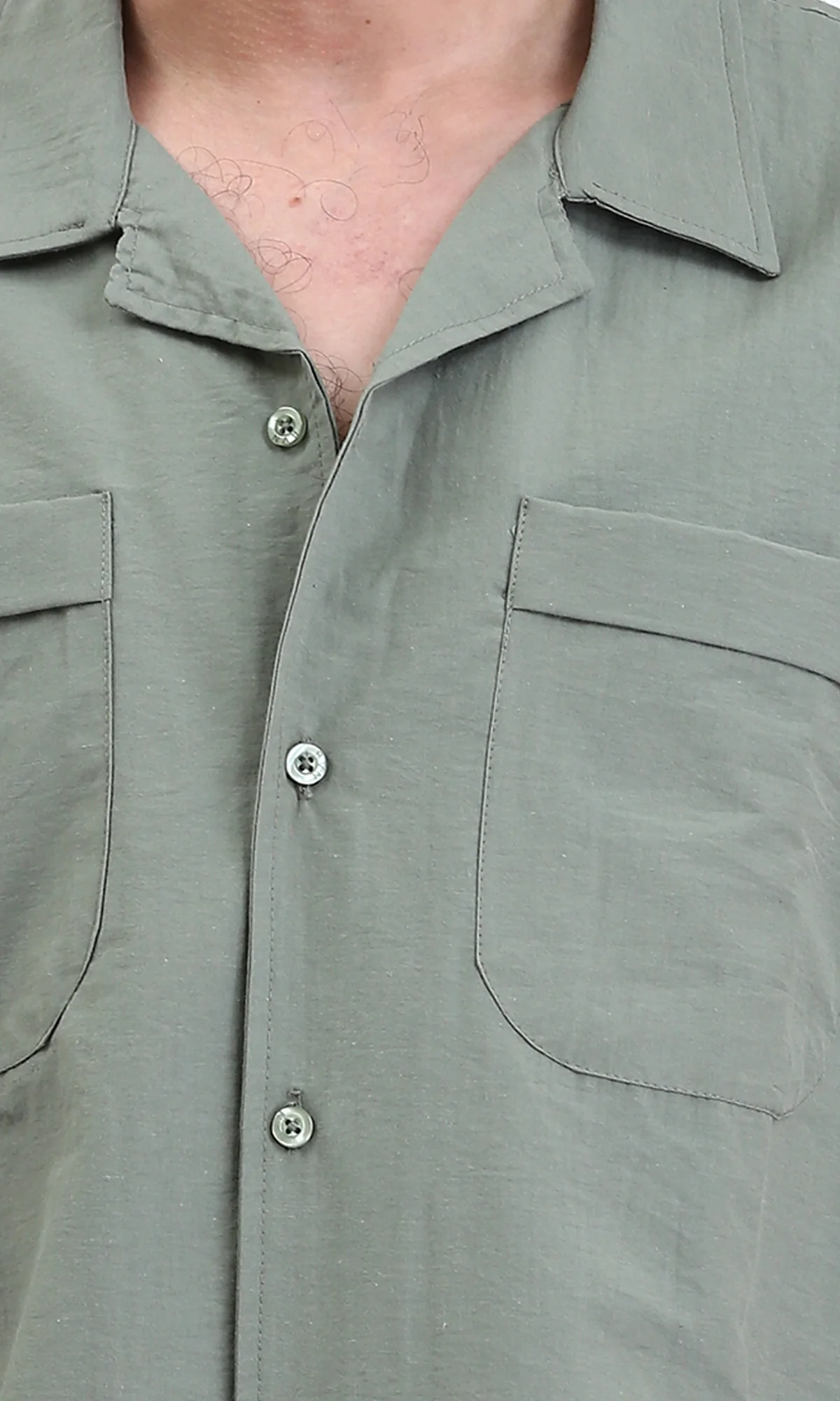 R208159 - Elbow Sleeves Shirt with Front Pockets - Olive - Image 3
